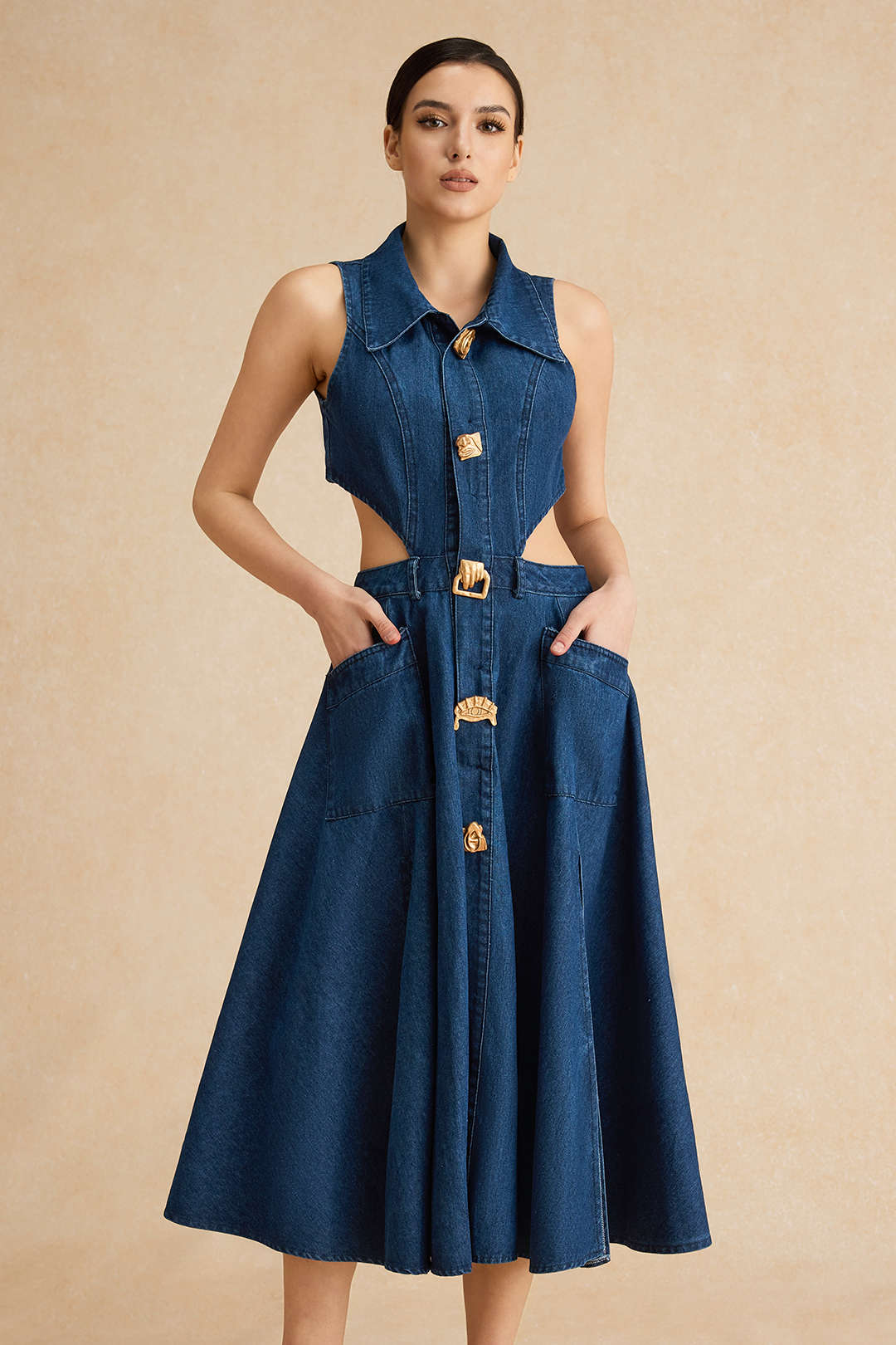 Denim Button Cut-Out Dress