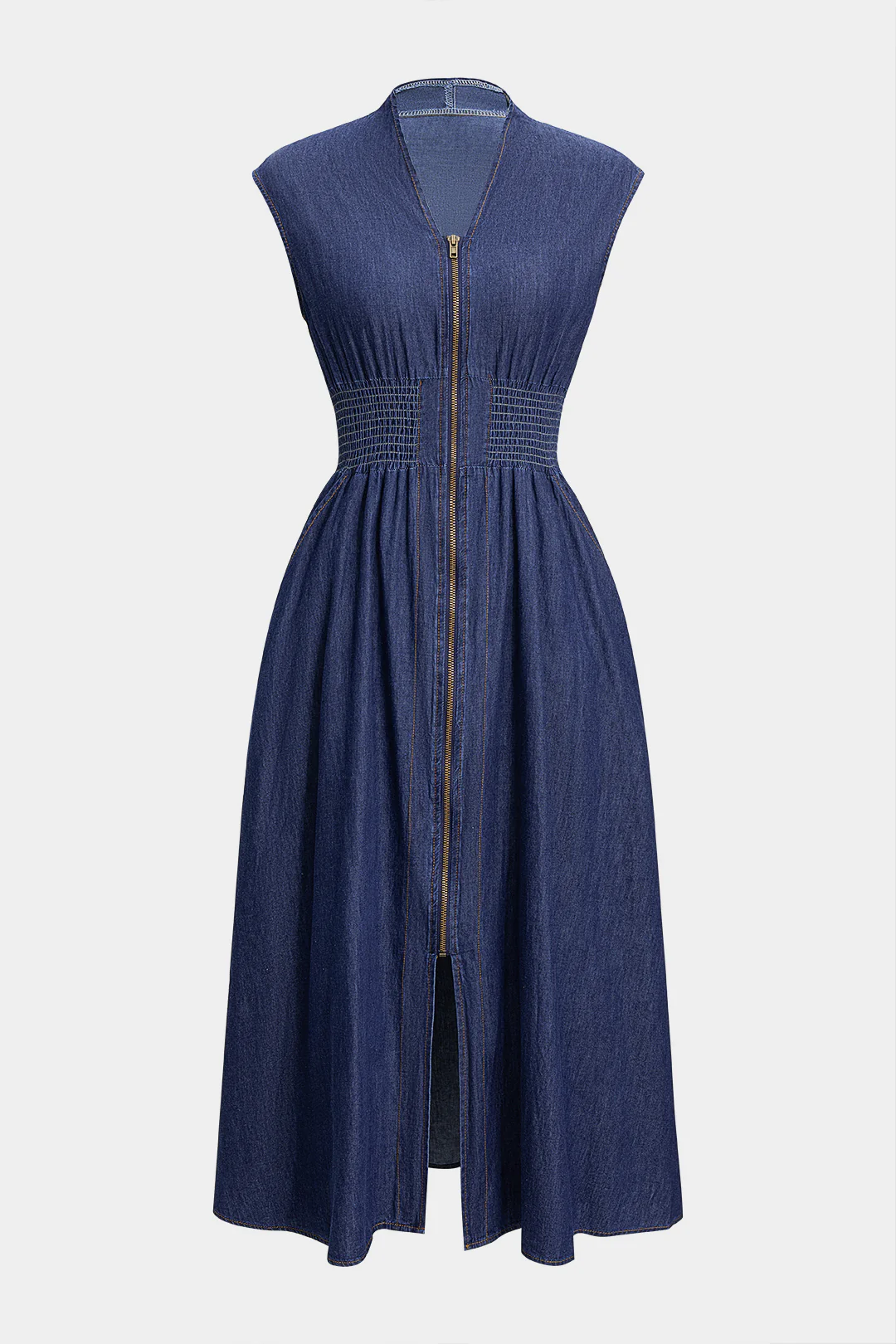 Denim Shirred Ruched V-Neck Sleeveless Zipper Dress