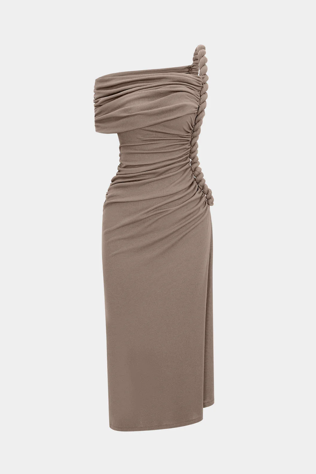 Asymmetrical Shoulder Ruched Twist Knot Sleeveless Long Dress