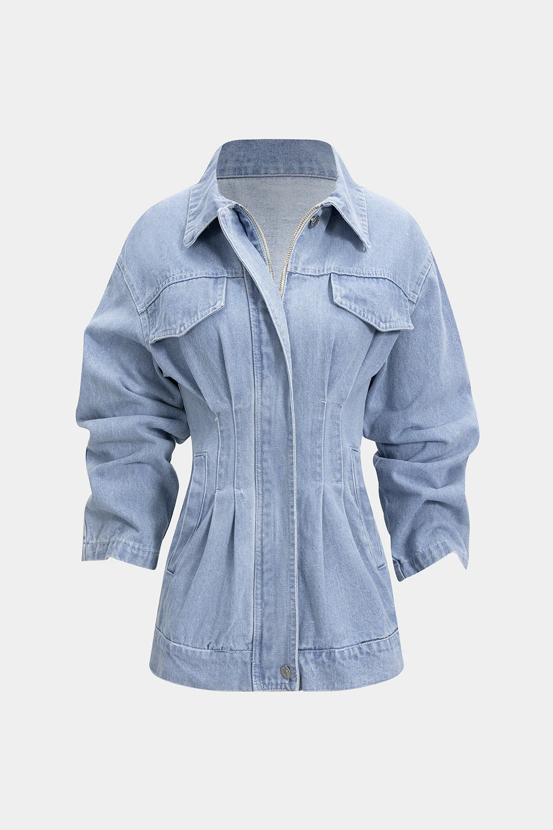 Denim Waist Cinching Ruffled Zipper Jacket