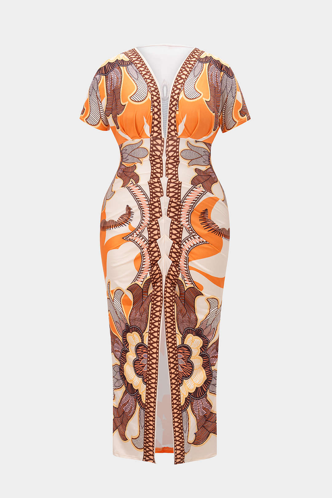 Plus Size Bohemian Print Ruched V-Neck Short Sleeve Slit Midi Dress