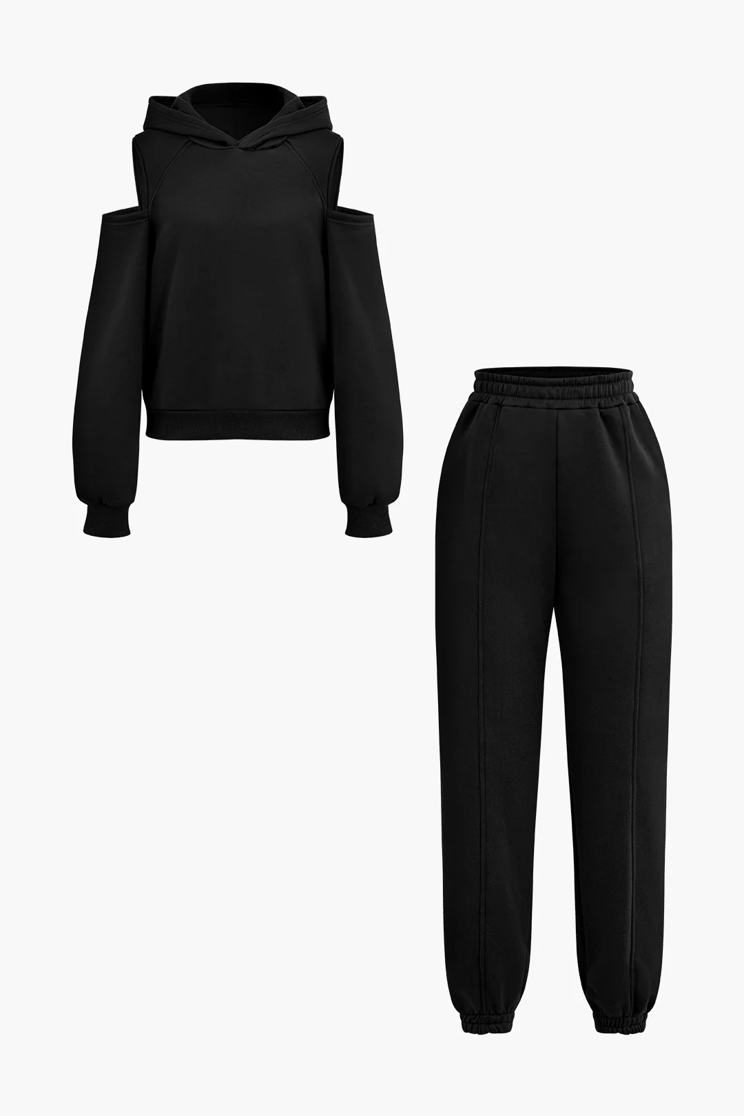Solid Hooded Cut-Out Sweatshirt and Elastic Pants Combo