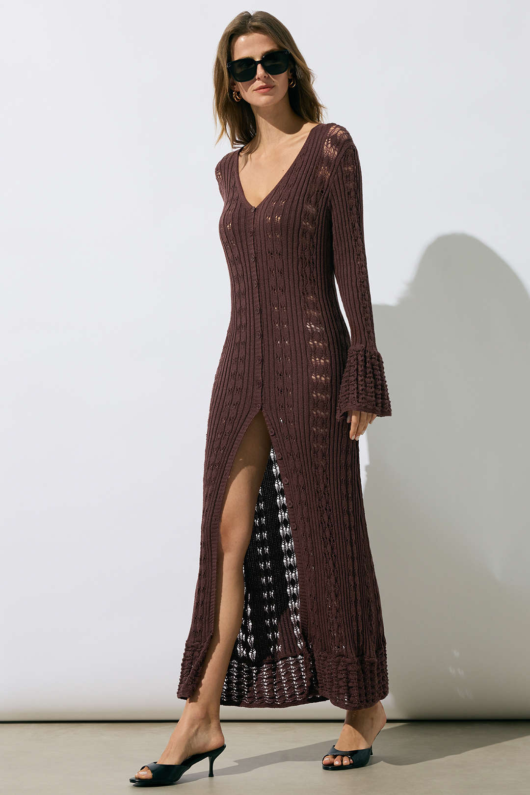 Knit Cut Out Button Ruffle Short Sleeve Dress