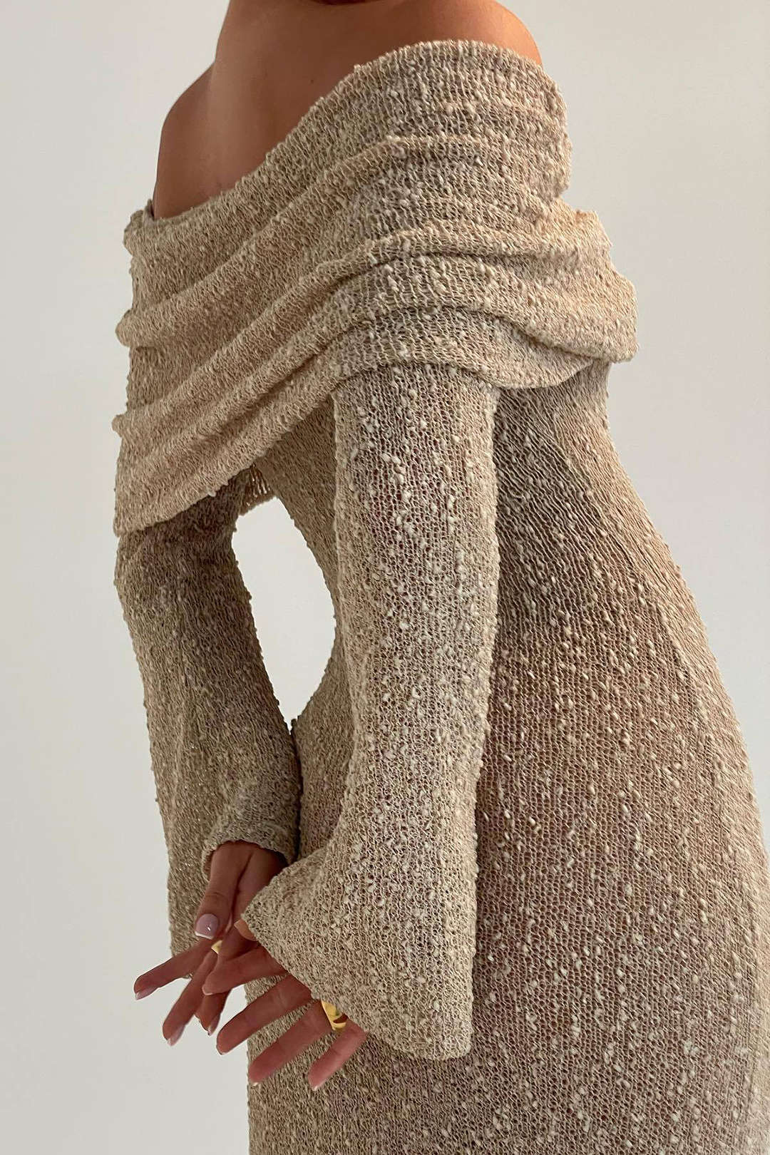 Off-the-Shoulder Open-Knit Maxi Dress