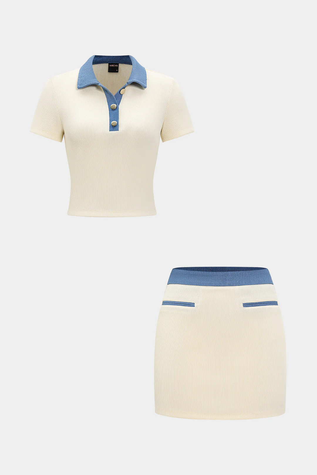 Patchwork Metallic Button Tank Top and Pocket Skirt Outfit Set