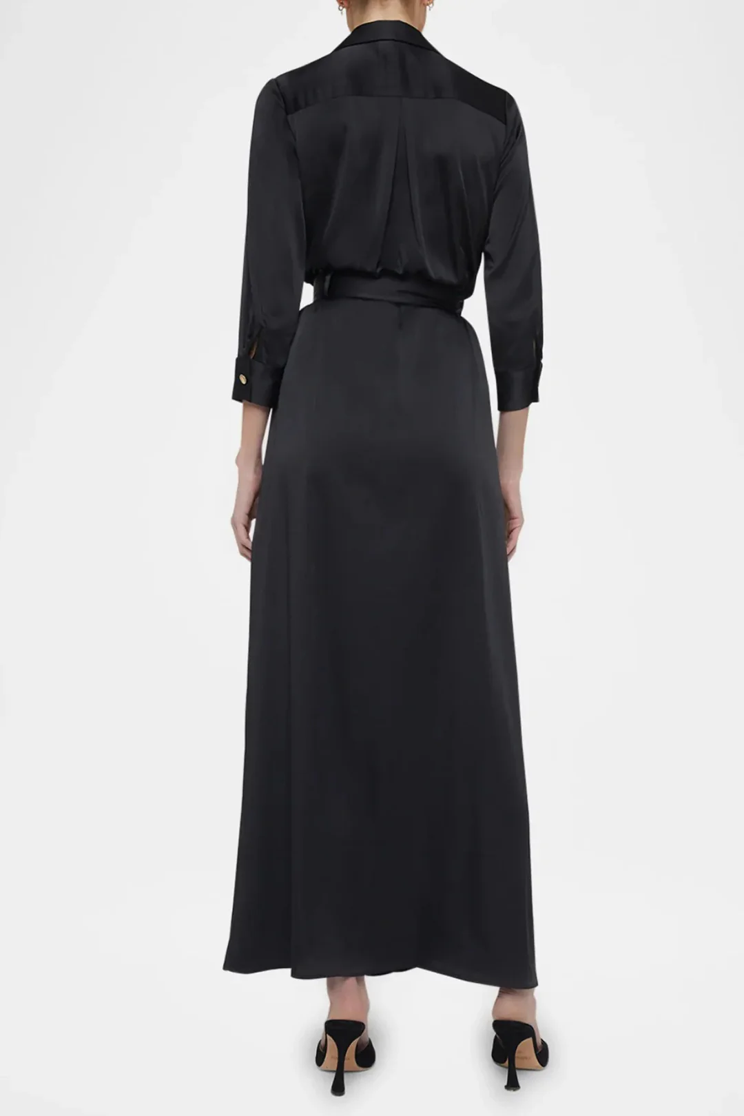 Satin Button-Belted Long-Sleeve Maxi Dress