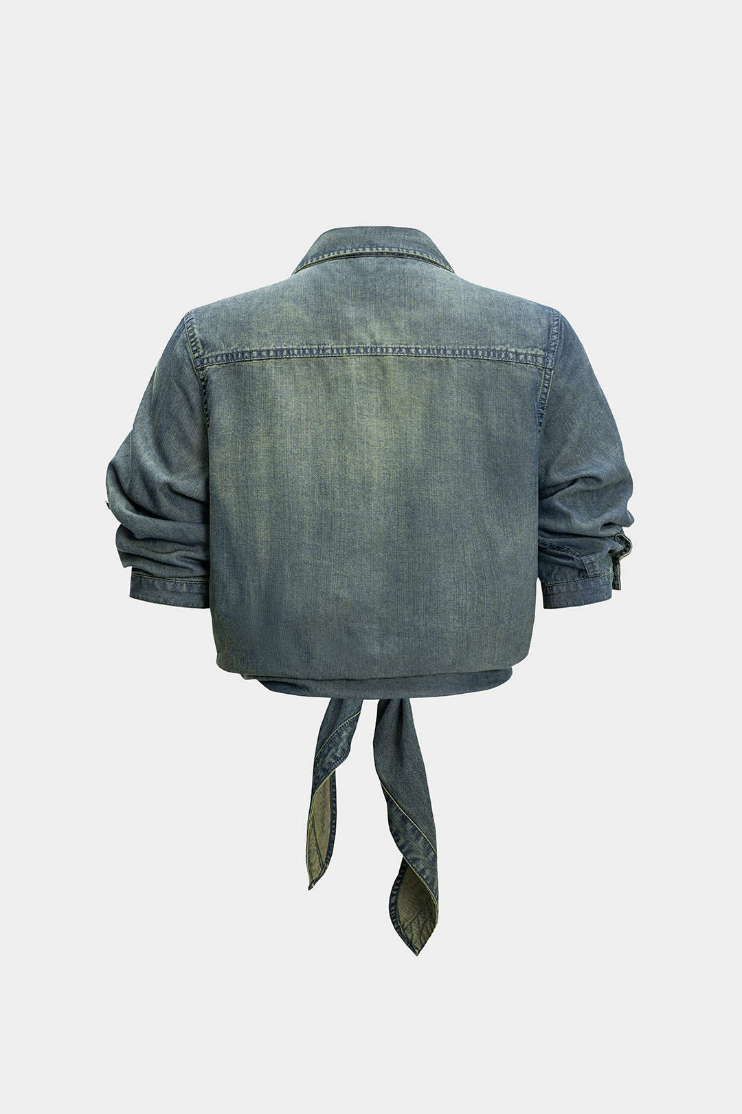 Denim Ruched Knotted Short-Sleeved Shirt