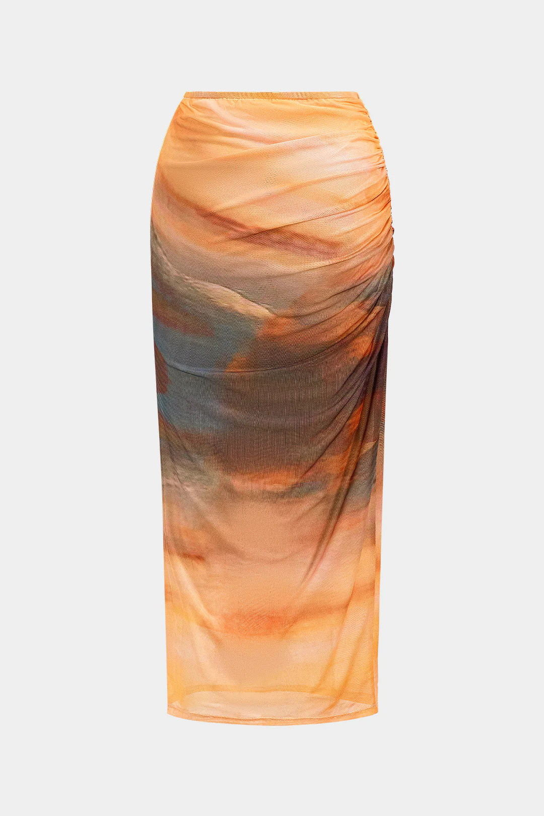 Ombre-Print Mesh Ruched Skirt