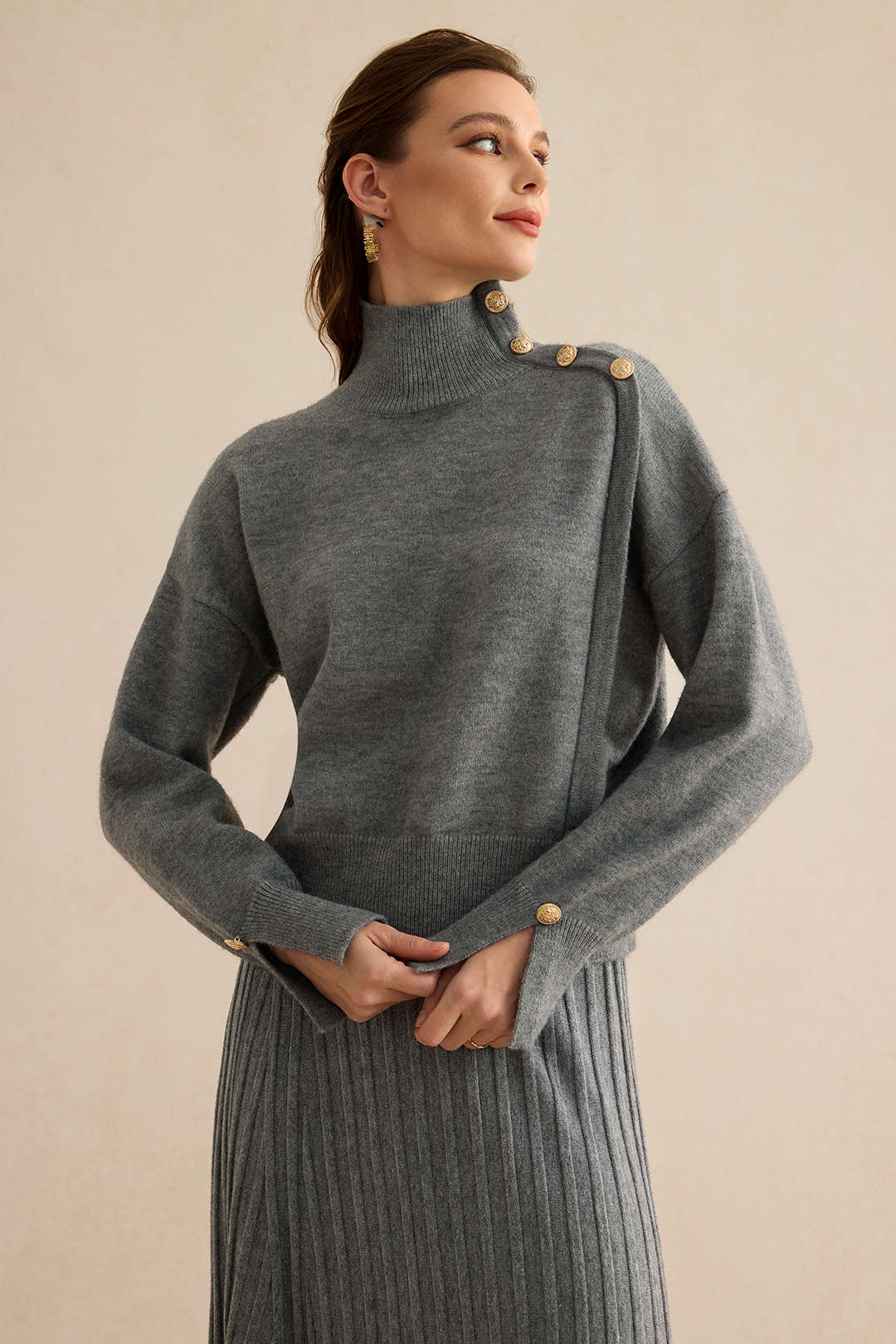 Knit Asymmetric Button Long Sleeve Top