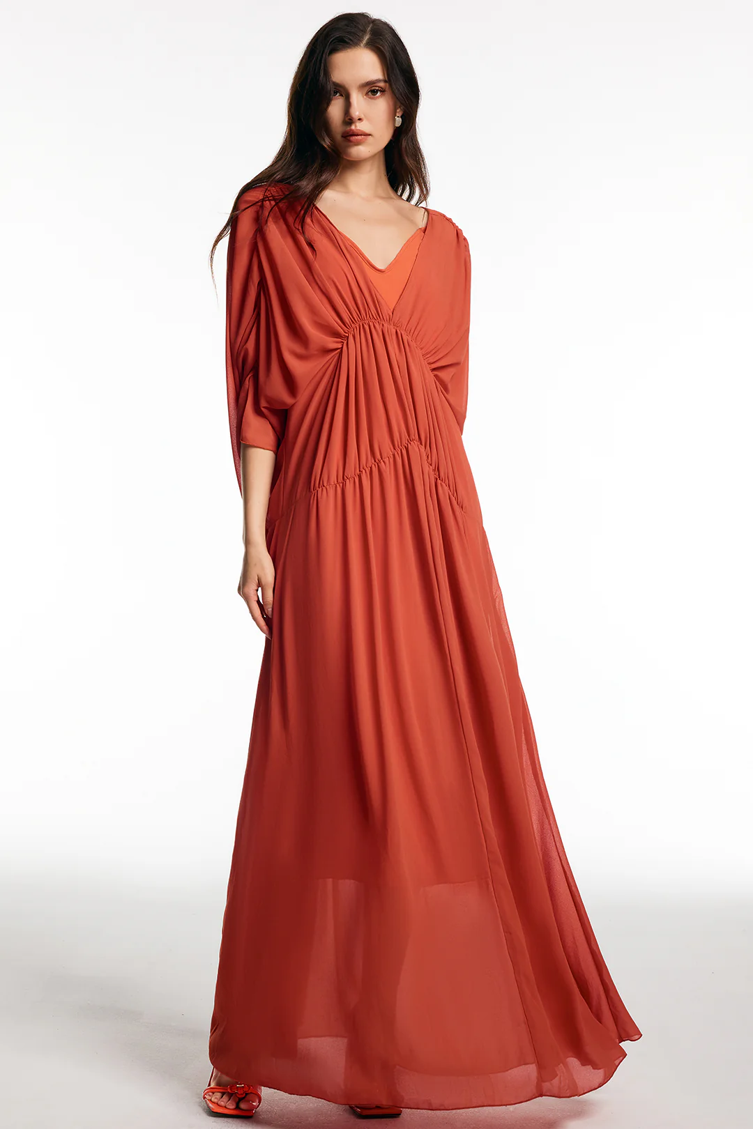 Chiffon V-Neck Ruched Short-Sleeve Maxi Dress