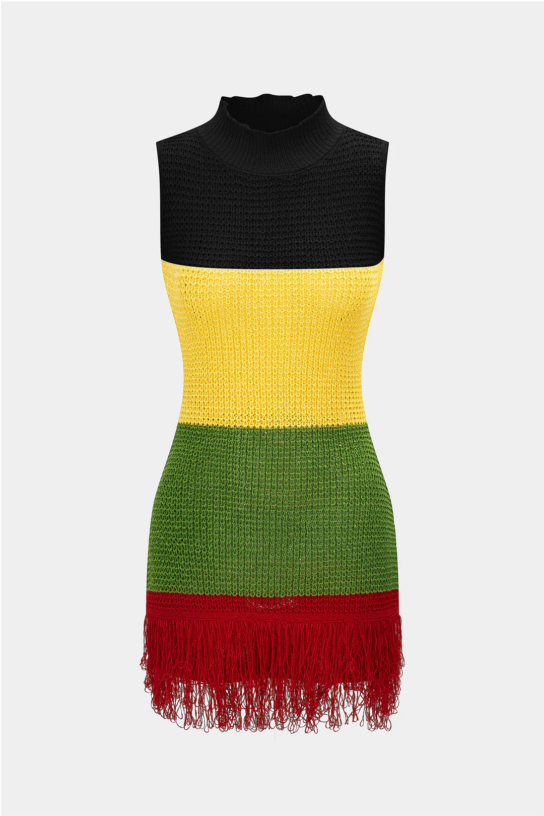 Knit Contrast Mock Neck Fringe Hollow-Out Sleeveless Dress