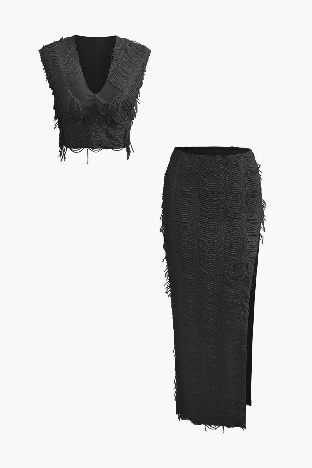 Distressed V-neck Cap Sleeve Crop Top and Slit Maxi Skirt Outfit Set