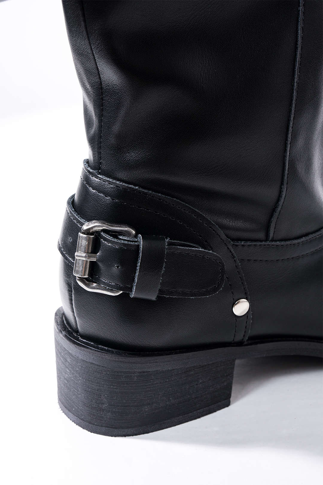 Leather Ruched Buckle Knee-High Boots