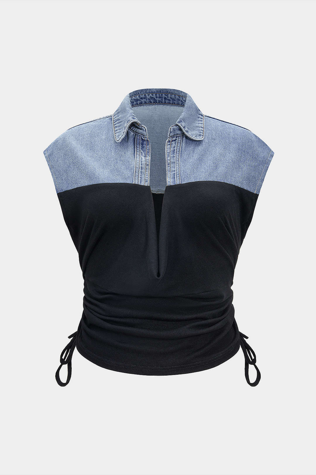 Plus Size Denim Drawstring Patchwork Crop Top