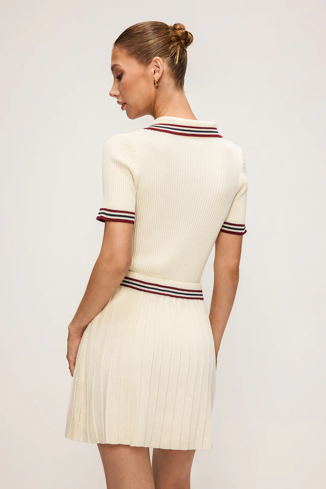 Knit Contrast Stripes Button Short-Sleeve Top And Mini Skirt Set