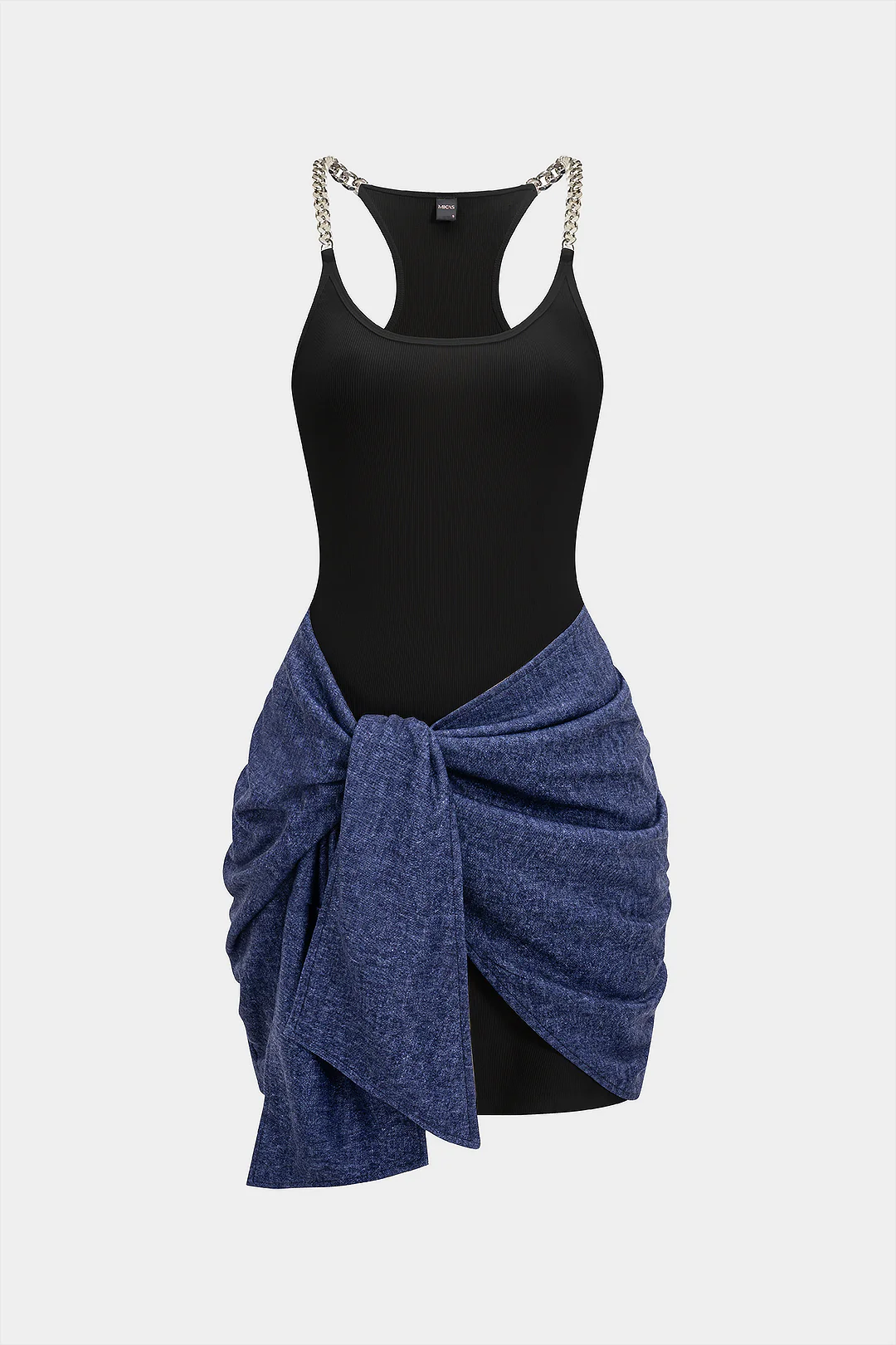 Tie Front Ruched Metallic Chain Patchwork Sleeveless Mini Dress