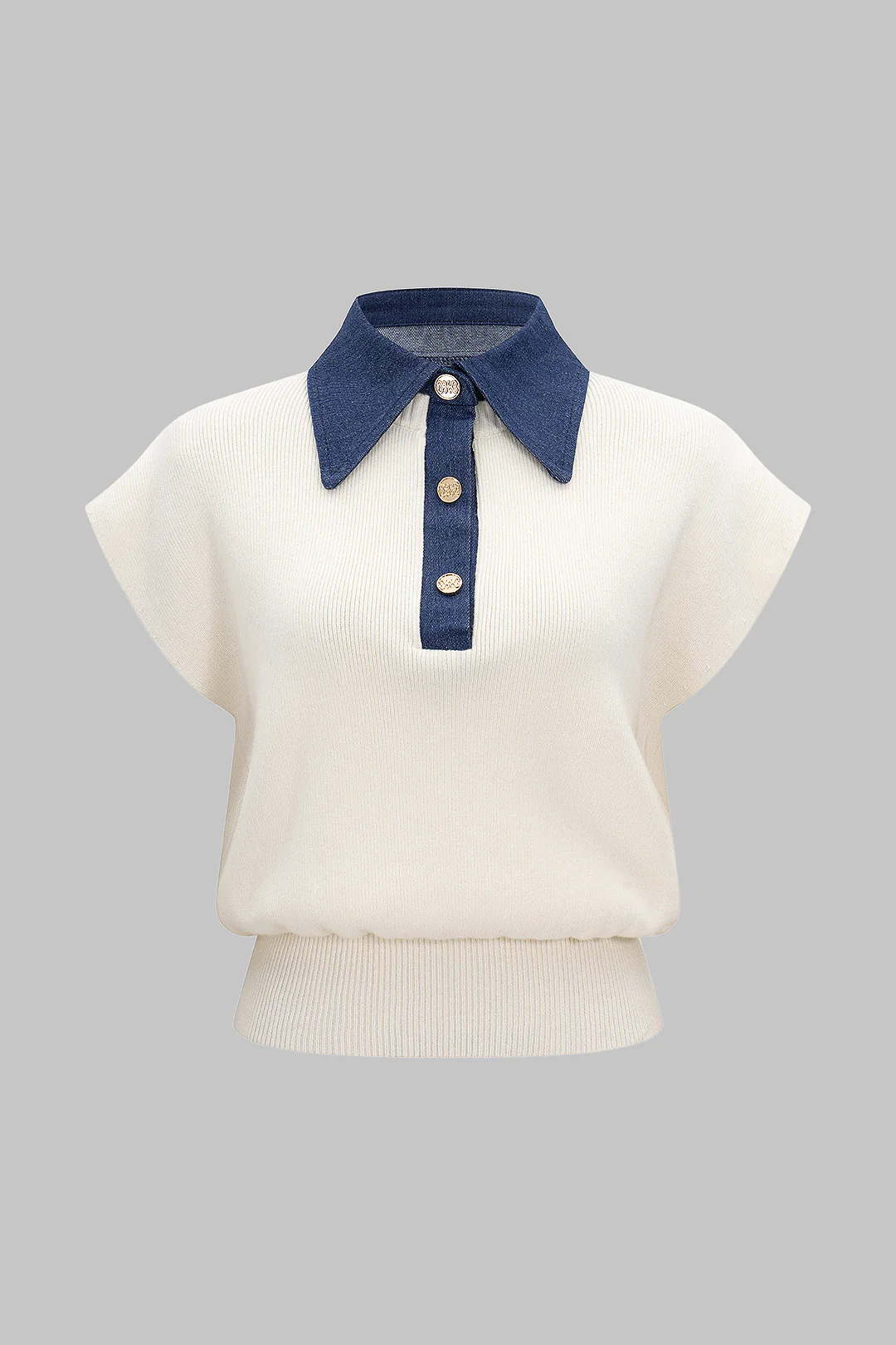 Knit Button Patchwork Short-Sleeve Top