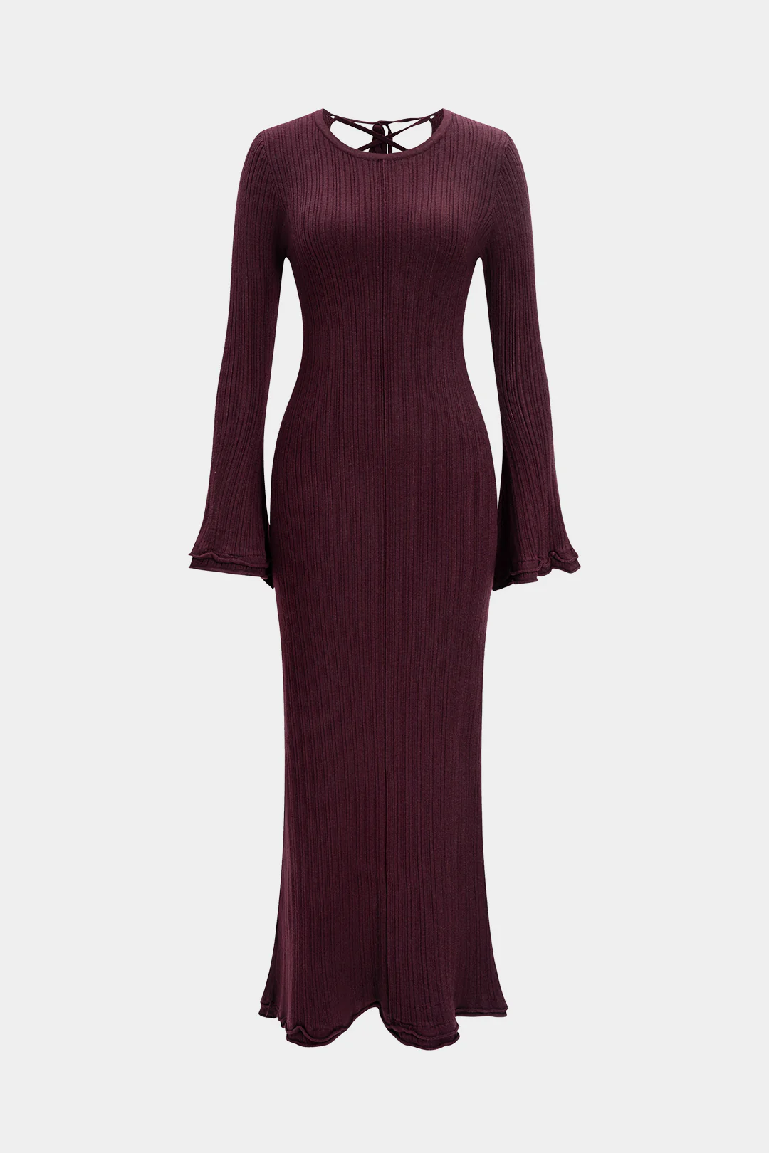 Knit Round Neck Tie-Back Scalloped Edge Long-Sleeve Dress