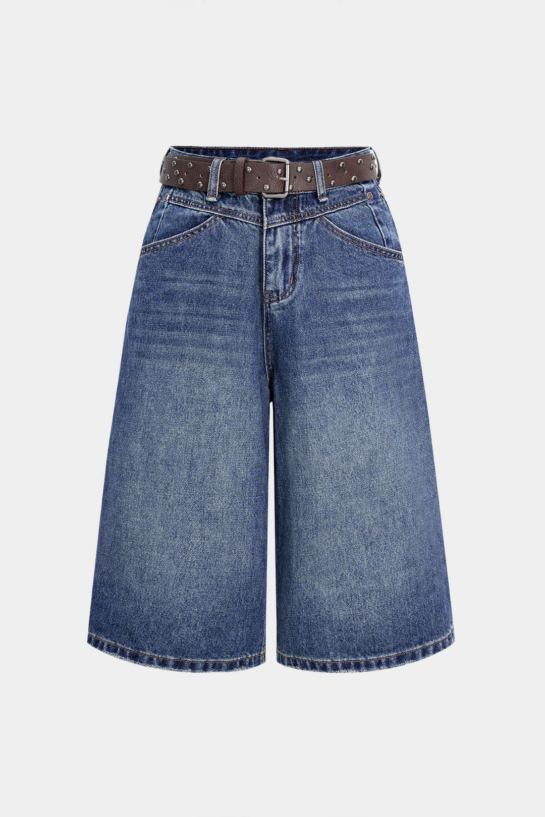 Denim Belted Zipper Pocket Shorts