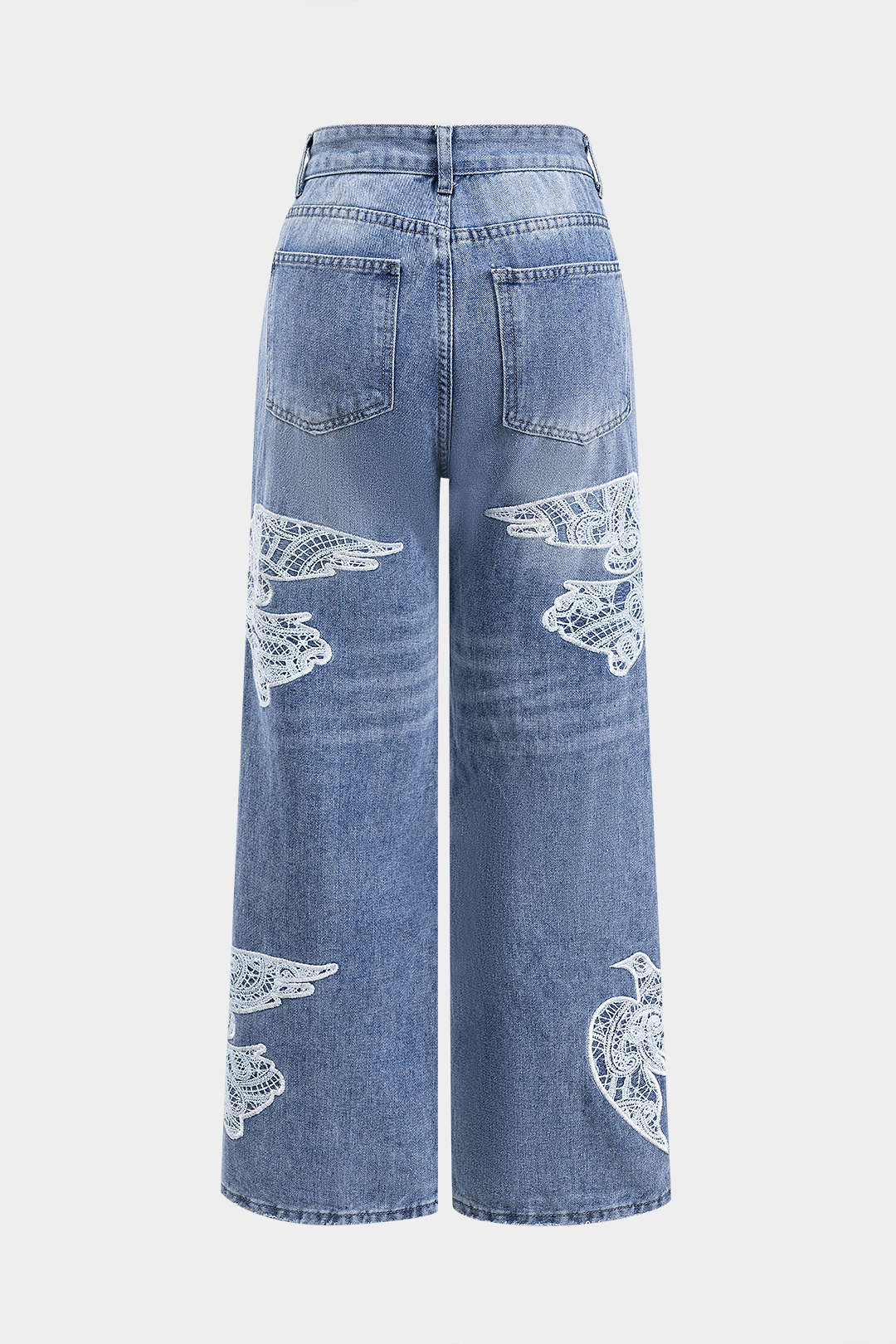 Denim Embroidery Patchwork Button Pocket Wide-Leg Jeans