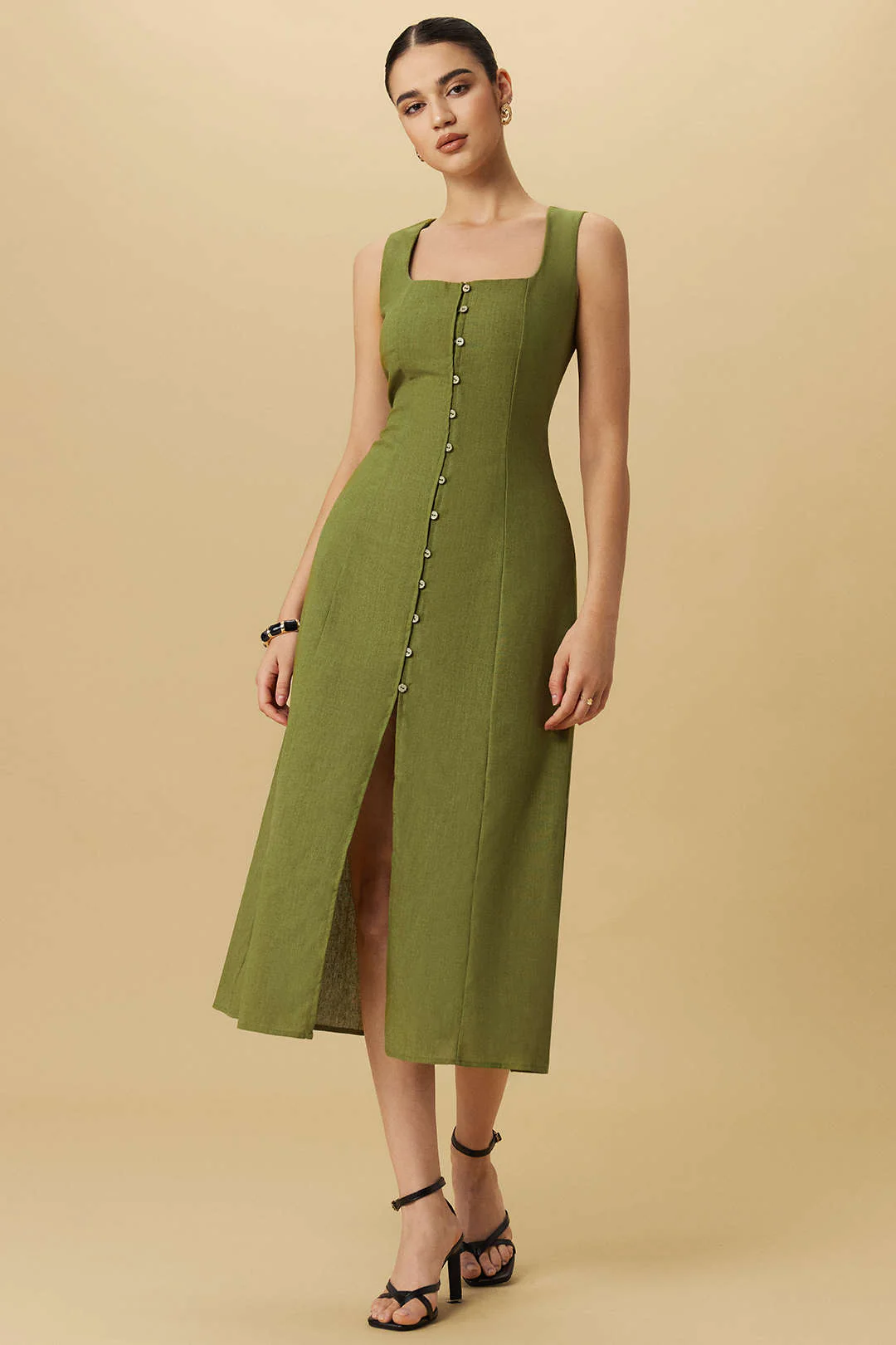 Buttoned Square Neck Sleeveless Midi Tank Dress