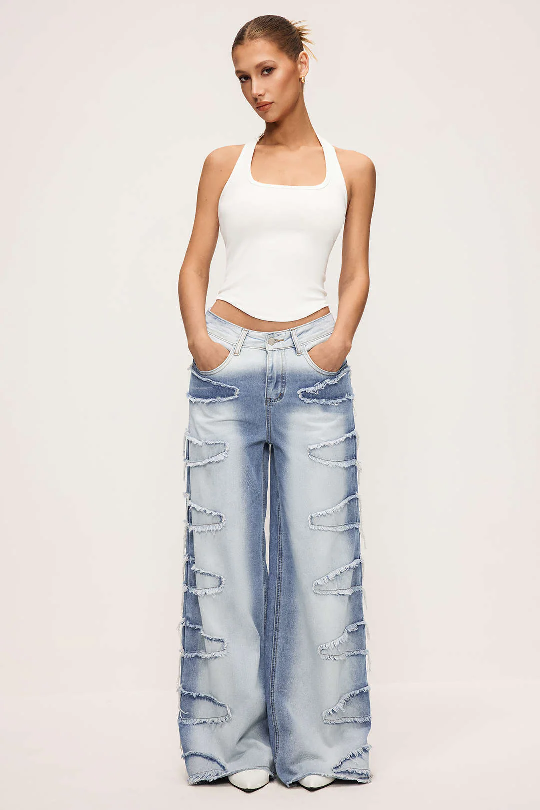 Denim Zipper Frayed Wide Leg Jeans