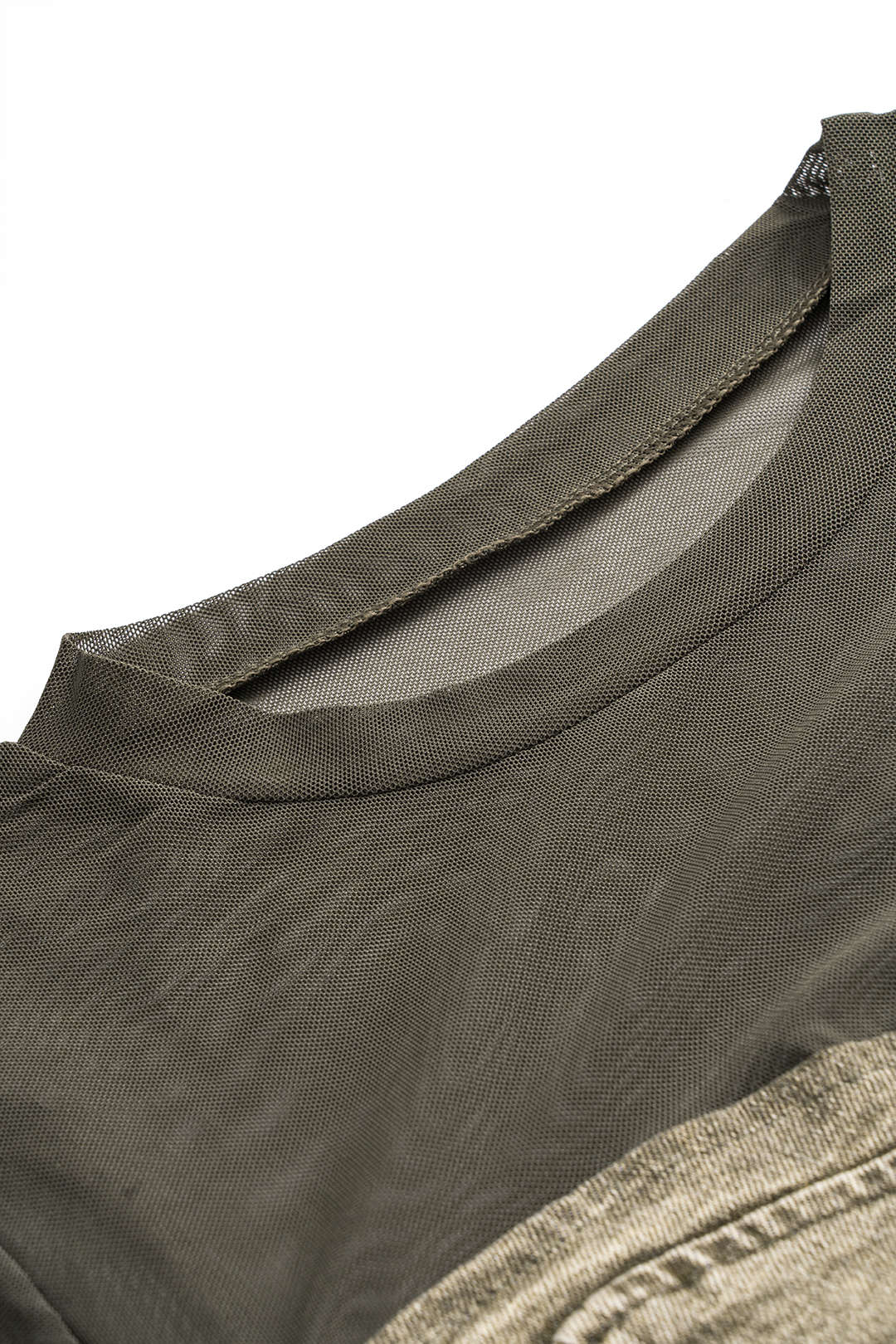 Contrasting Print Mesh and Denim Patchwork Short-Sleeve T-Shirt