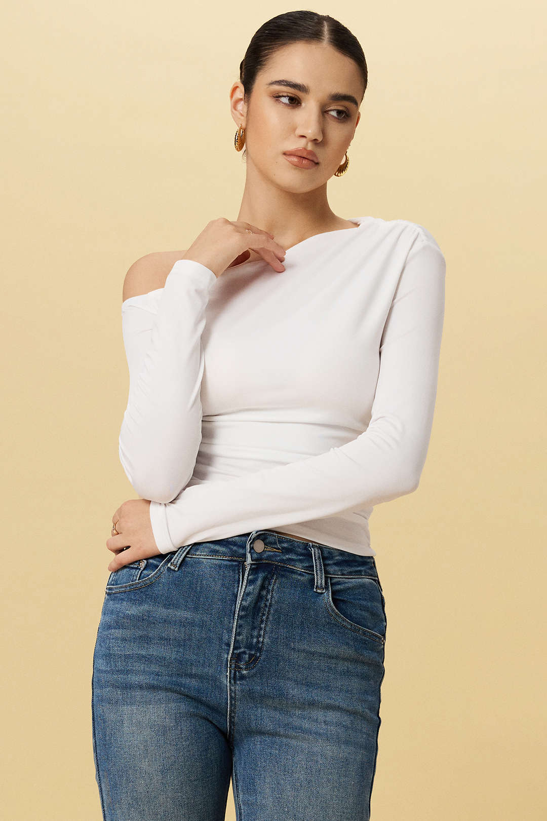 Asymmetric Neck Ruched Long-Sleeved Top