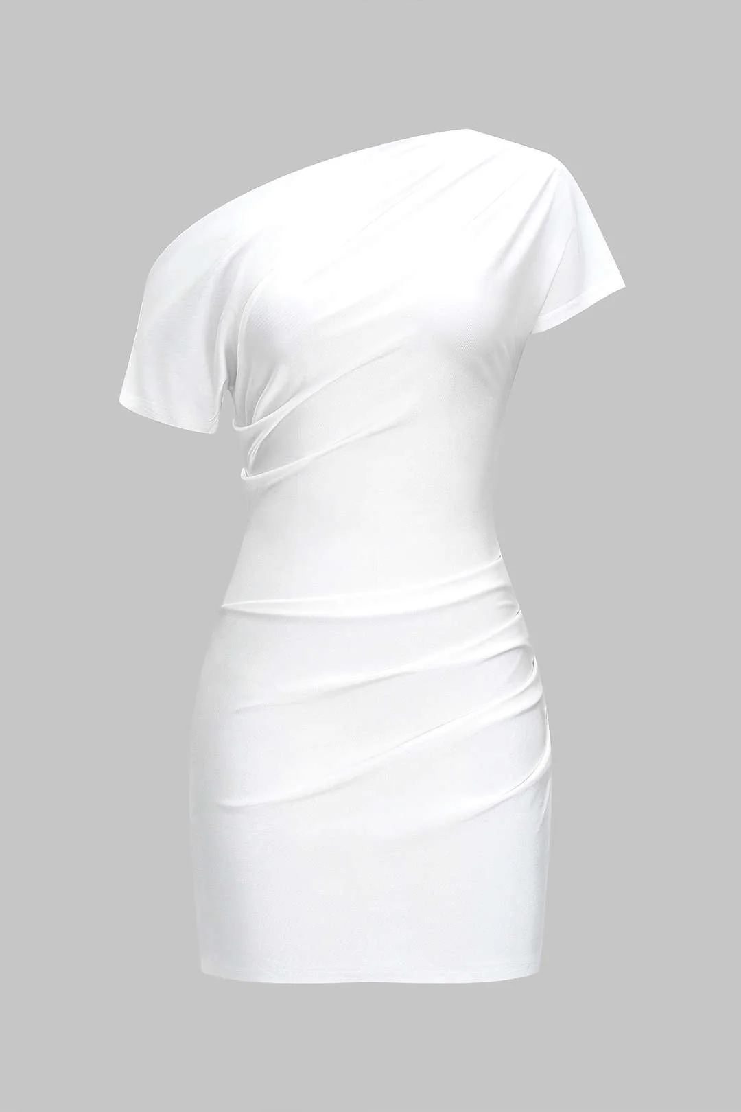 Asymmetrical Shoulder Ruched Short Sleeve Mini Dress