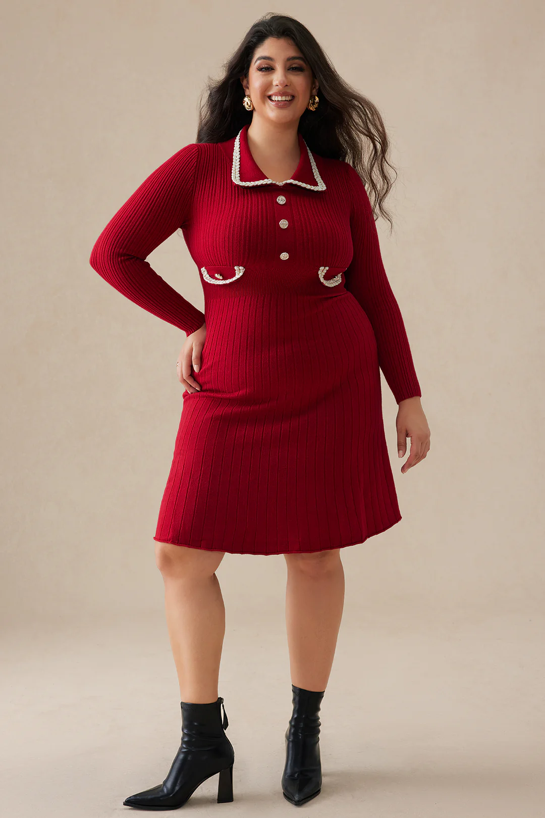 Plus Size Knit Button Fake Pocket Dress
