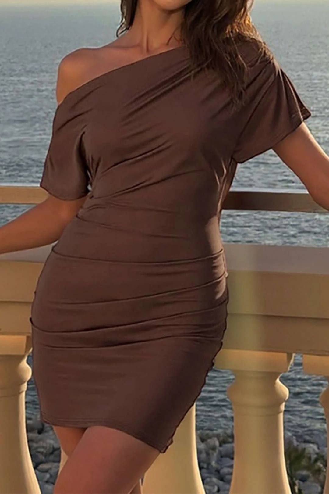 Asymmetrical Shoulder Ruched Short Sleeve Mini Dress