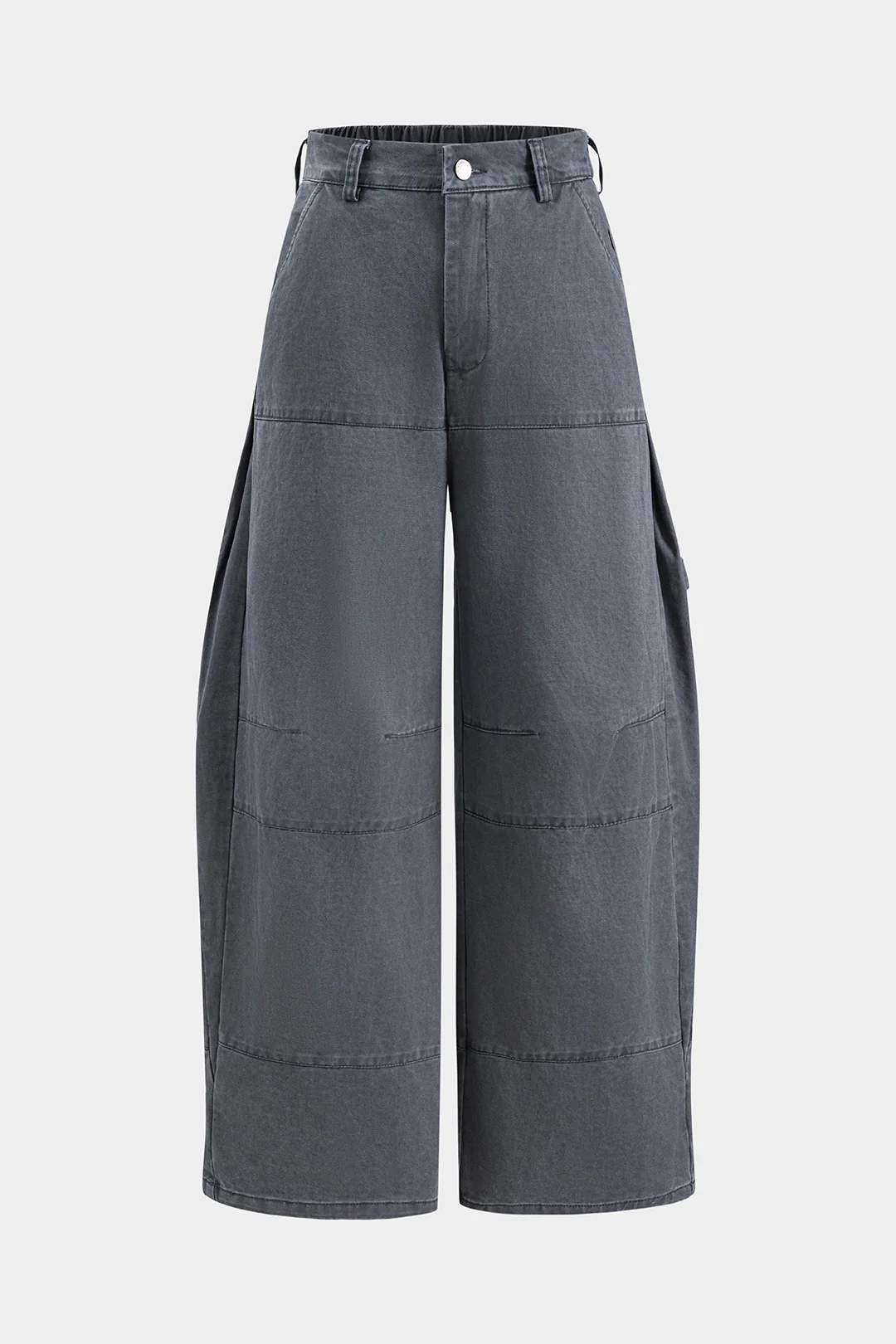 Denim Ruched Button-Pocket Wide-Leg Trousers