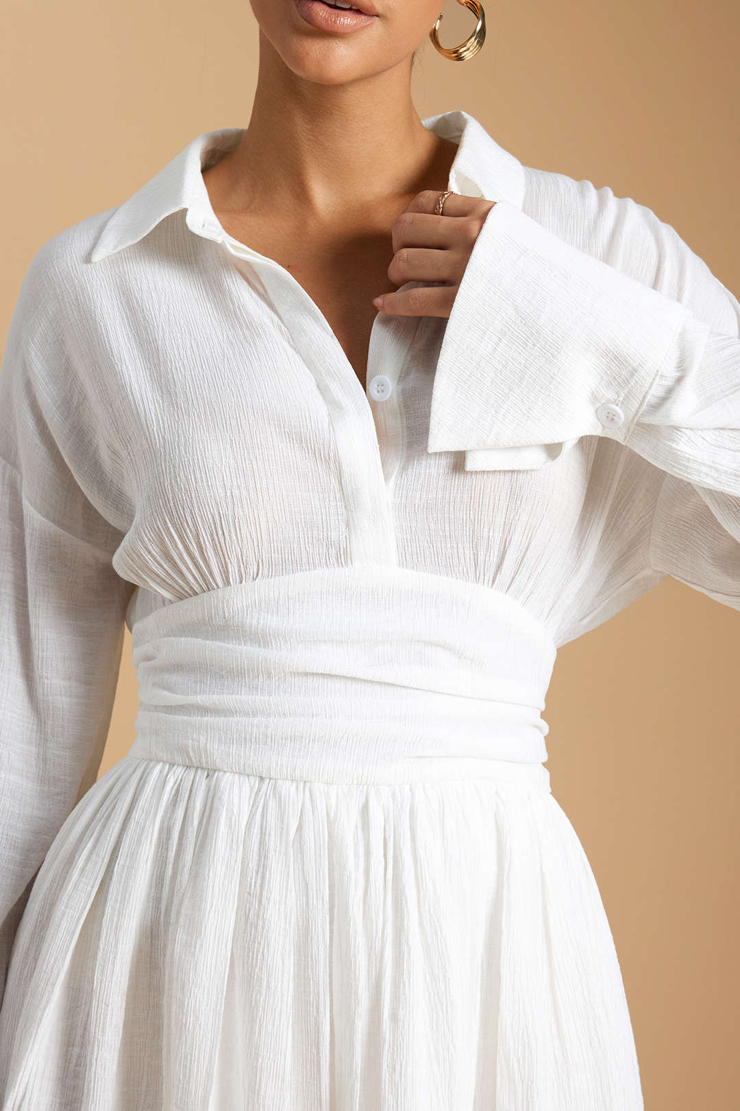 Button-Ruched Long-Sleeve Mini Dress