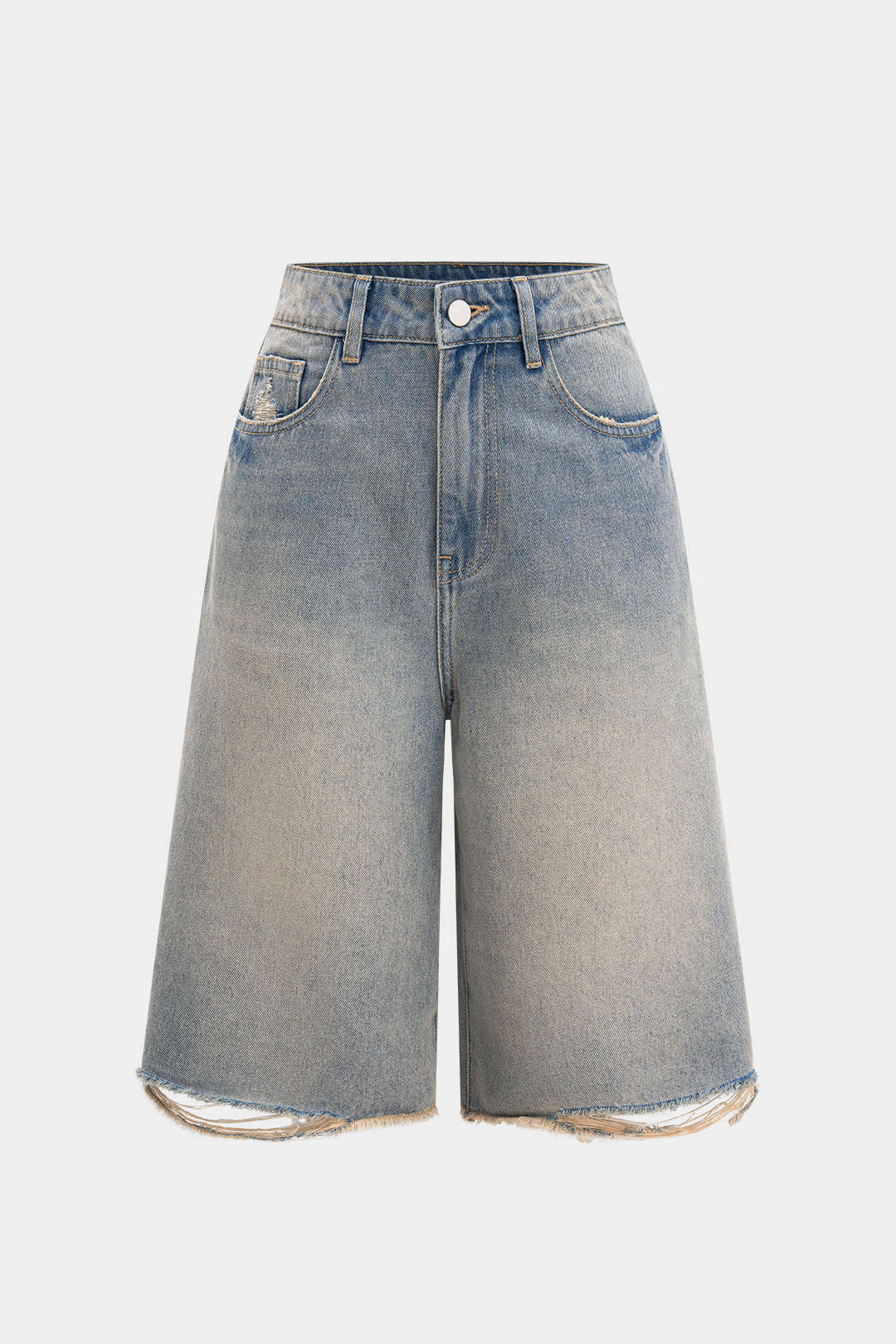 Denim Straight-Leg Ripped and Frayed Shorts