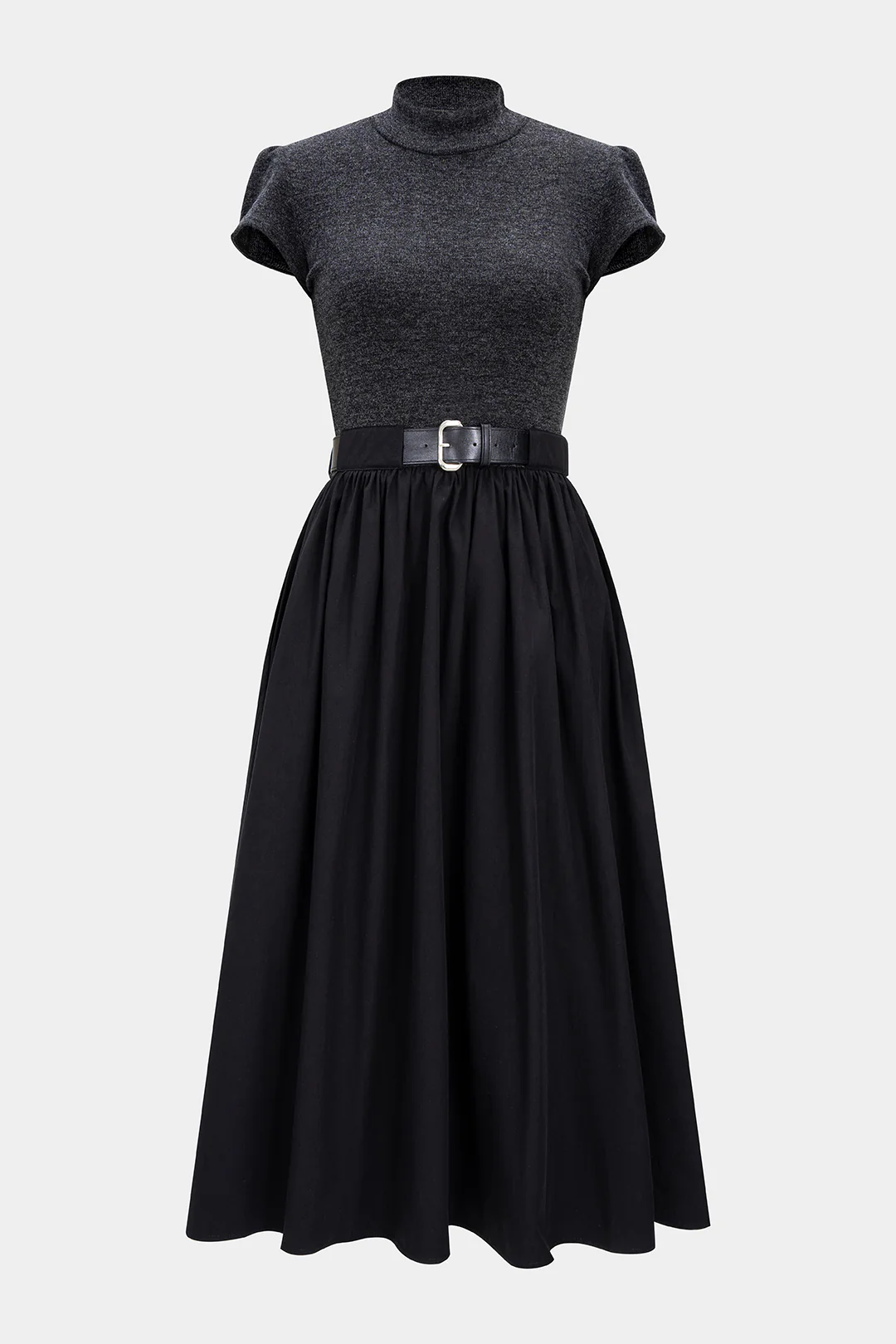 Mock Neck Patchwork Belted Short Sleeve Mid-length Dress