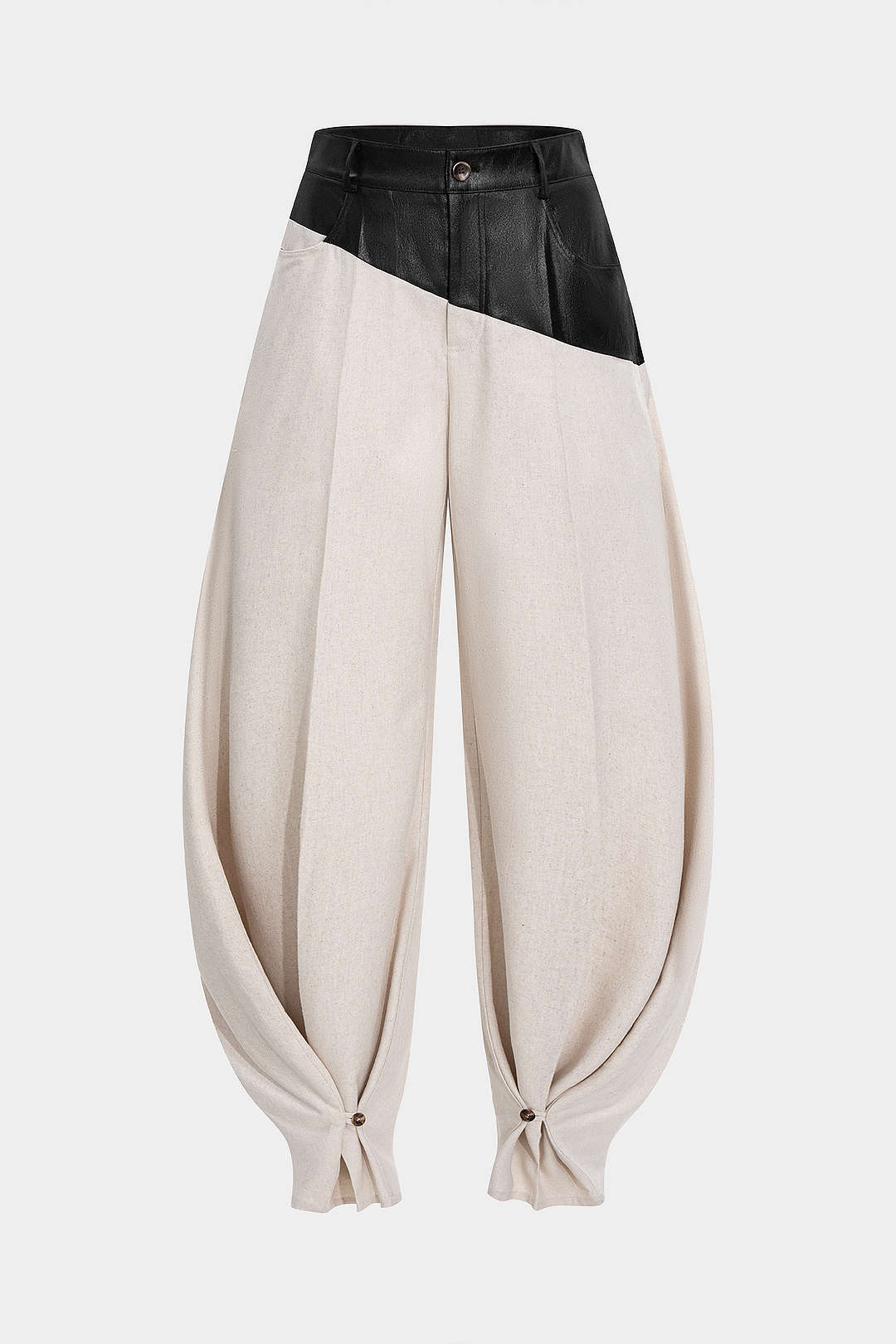 Faux Leather Ruched Patchwork Barrel Pants