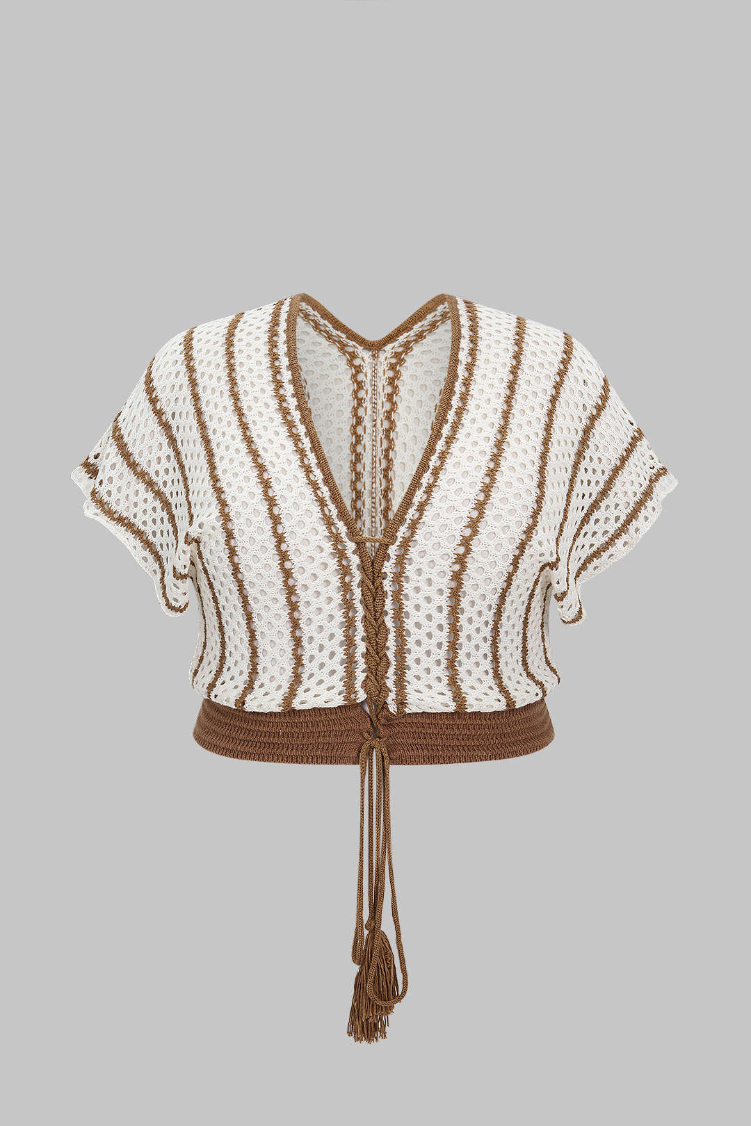 Plus Size Knitted Striped Print Tie-Up Fringe Short-Sleeve Top