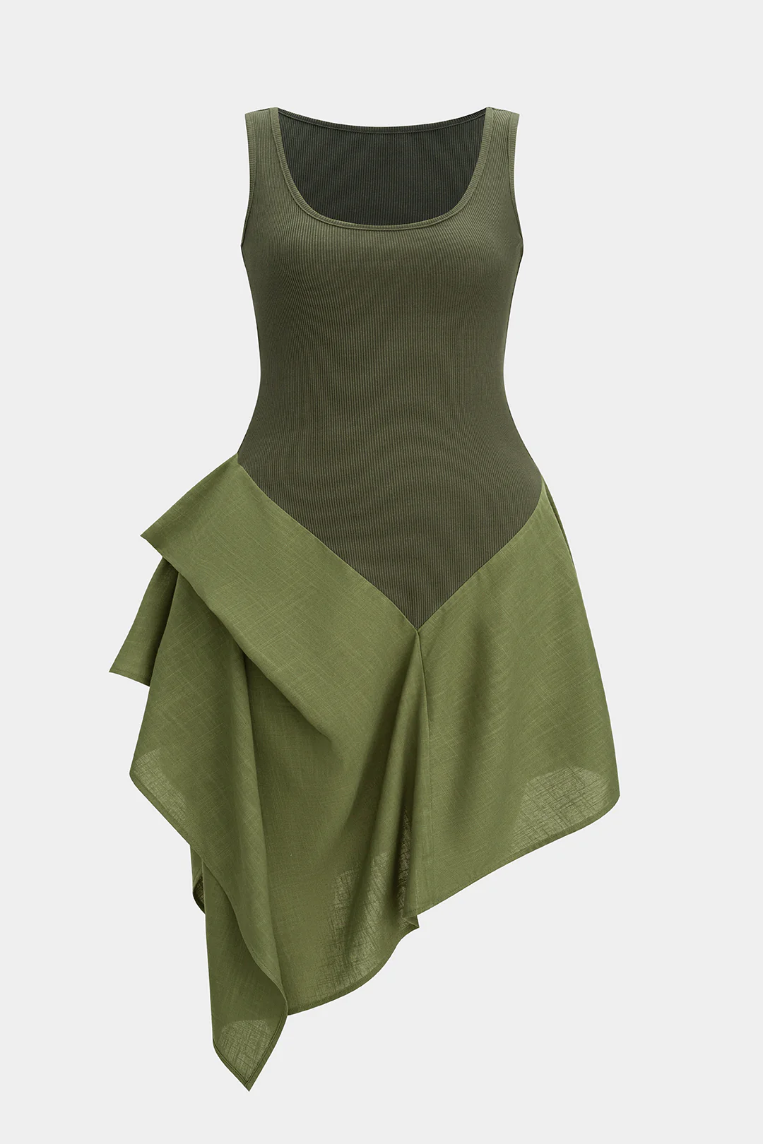 Plus Size Linen Ruched Patchwork Asymmetric Sleeveless Mini Dress