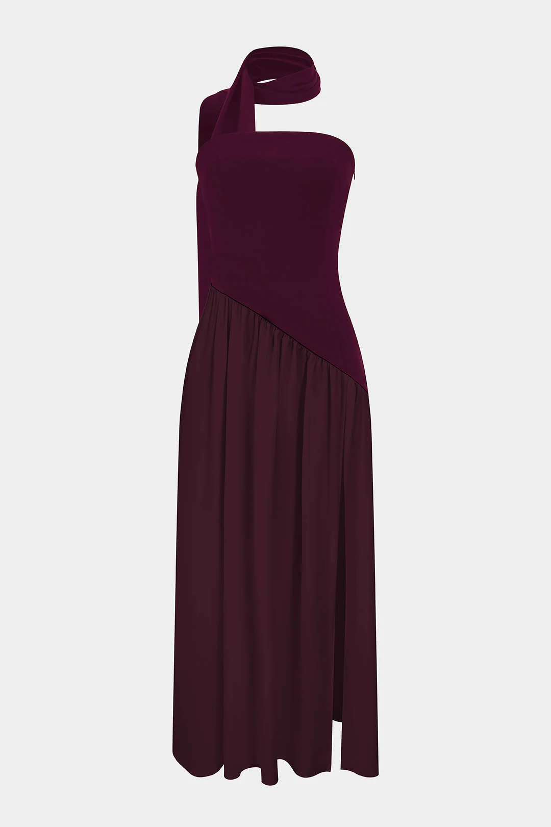 Contrast Satin Ruched Slit Strapless Maxi Dress