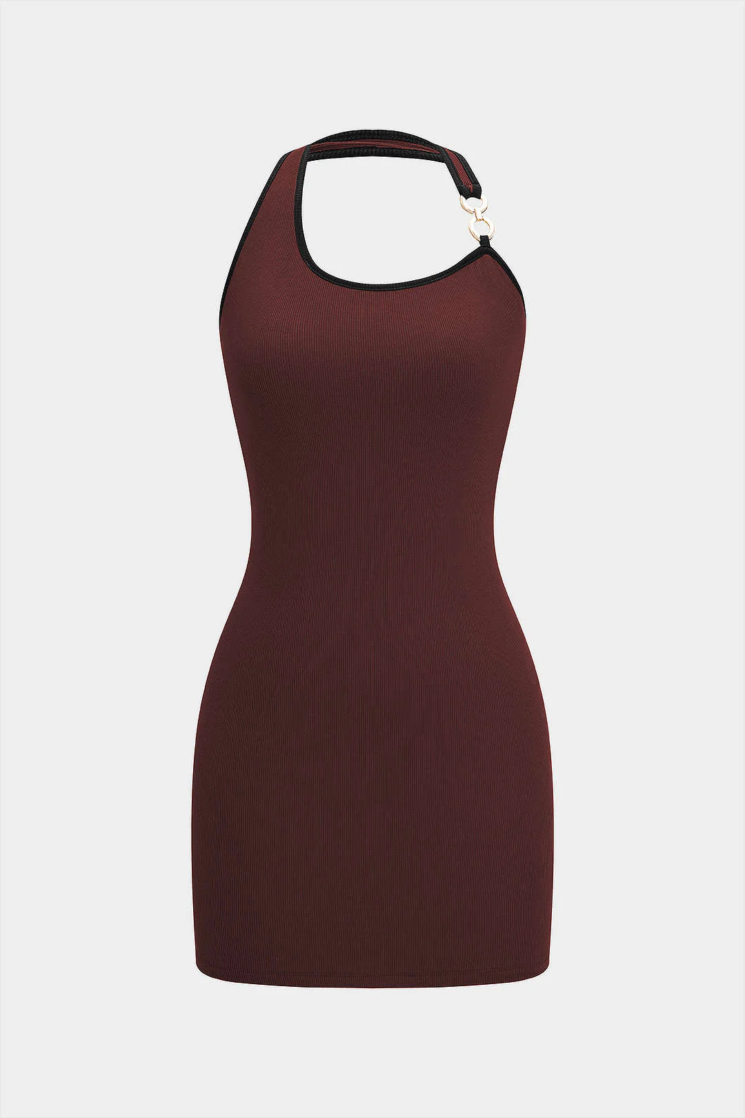 Halter Neck Contrast Binding Metallic Decor Sleeveless Mini Dress