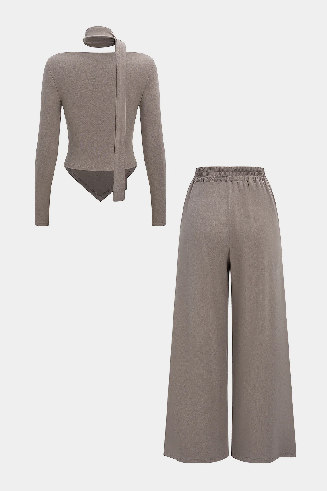 Solid Long Sleeve Top with Scarf and Ruched Wide Leg Trousers Outfit Set