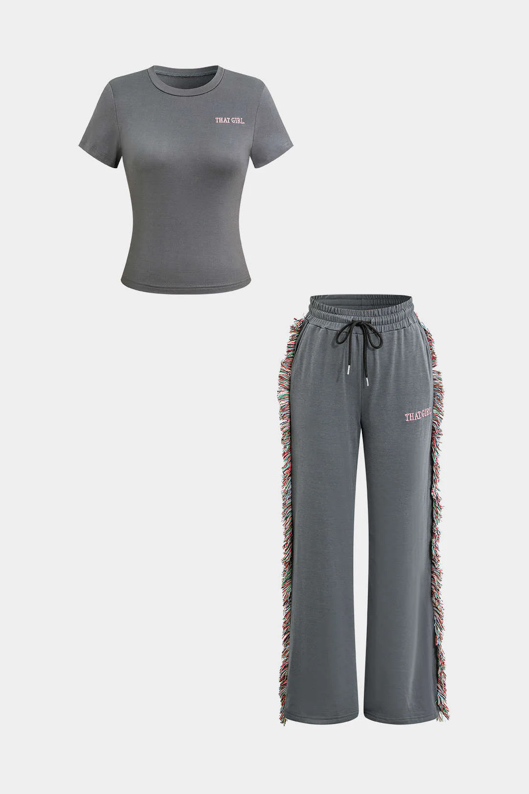 Letter Printed T-shirt and Tassel Drawstring Pant Set