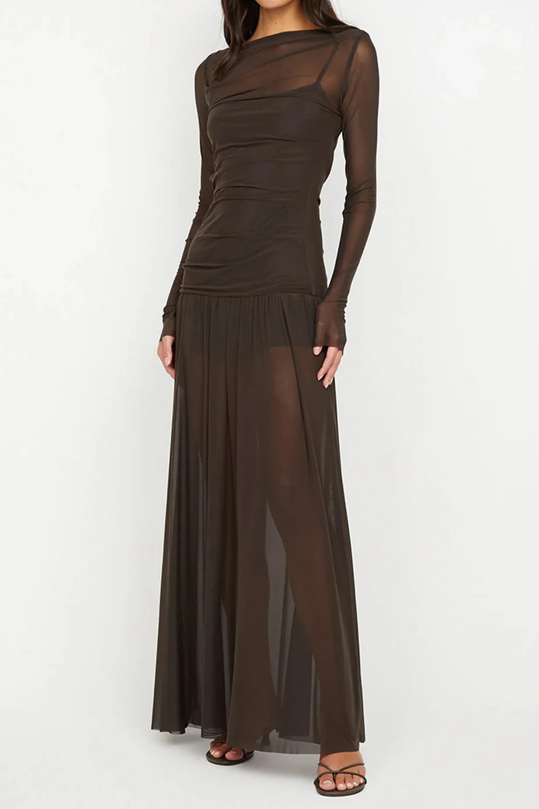 Mesh Patchwork Ruched Long Sleeve Maxi Dress