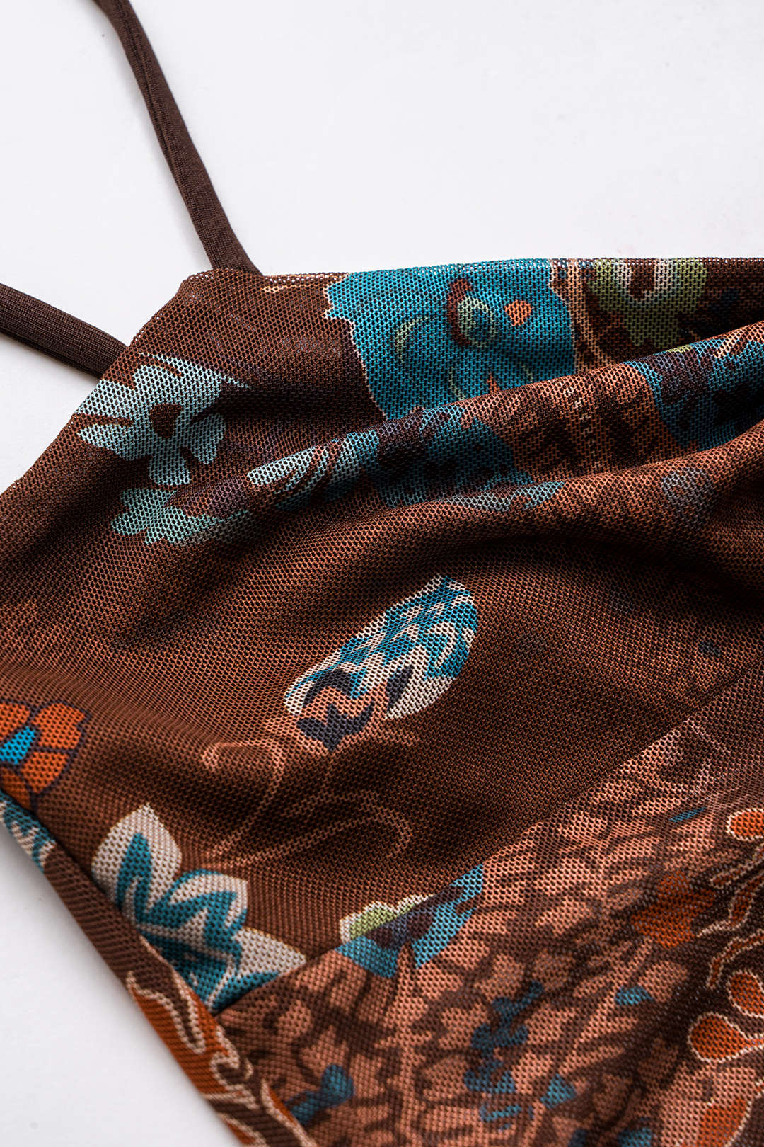 Contrasting Retro Pattern Mesh Tie-Knot Slip Cami Top