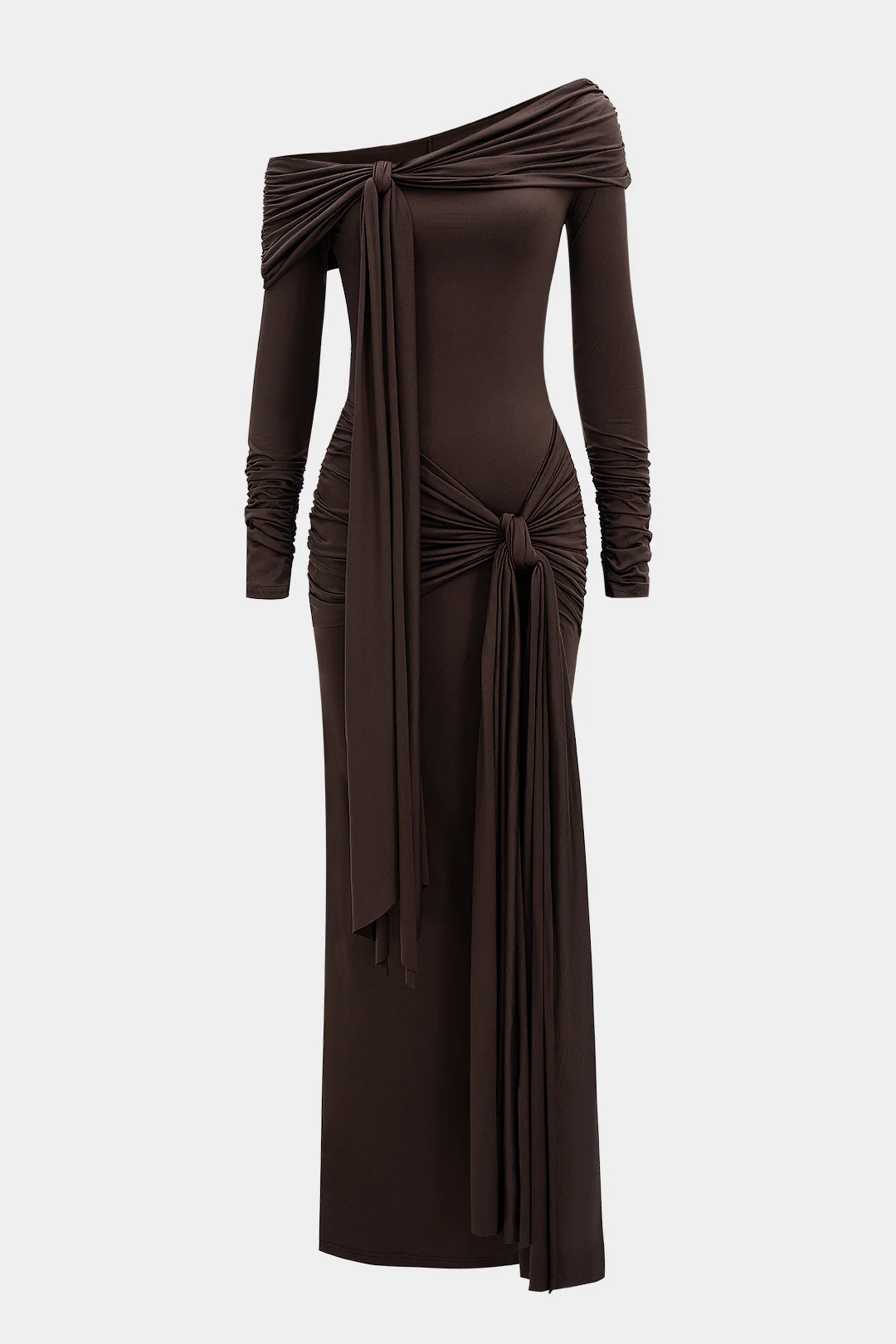 Off Shoulder Knotted Long Sleeve Maxi Dress