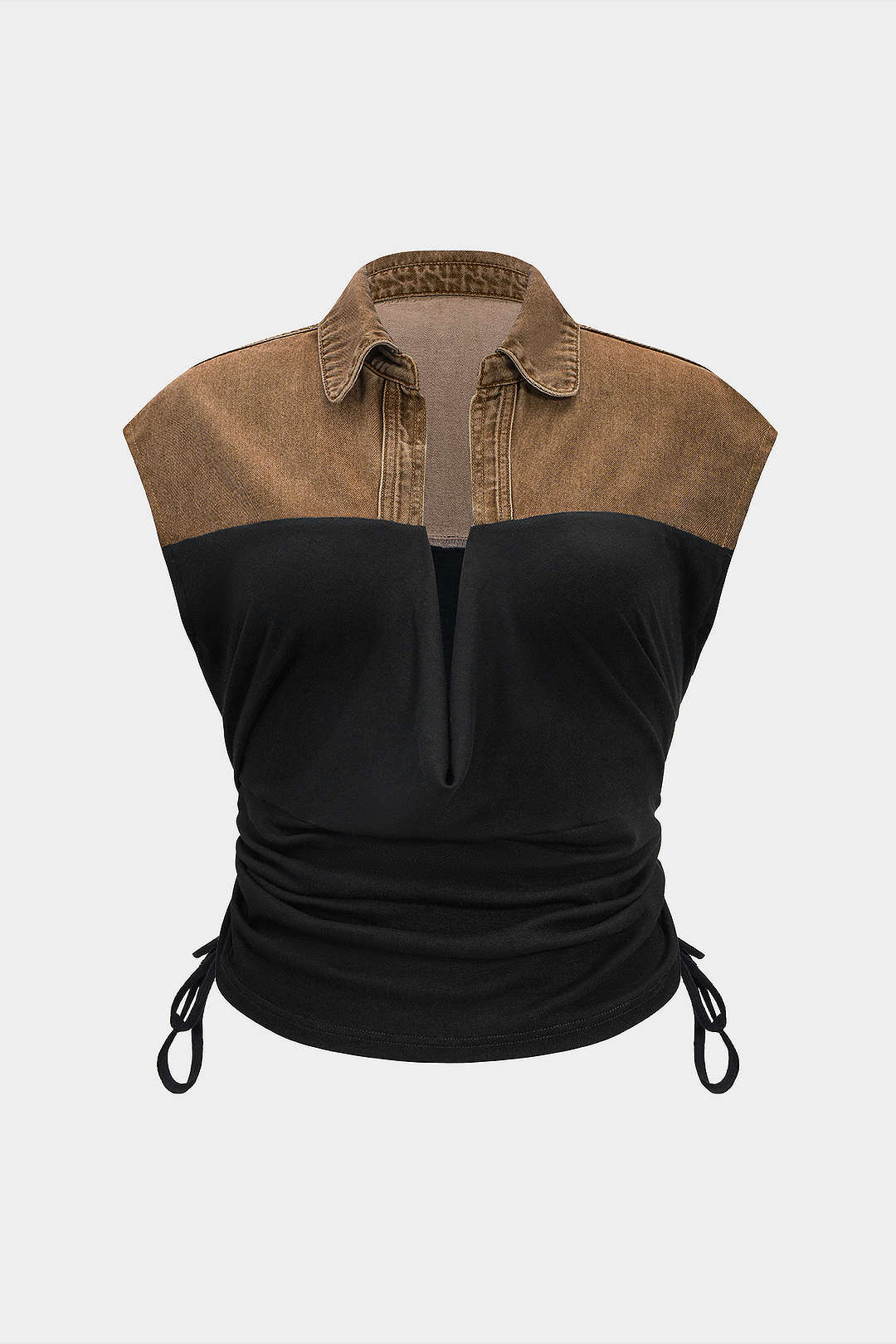 Plus Size Denim Drawstring Patchwork Crop Top