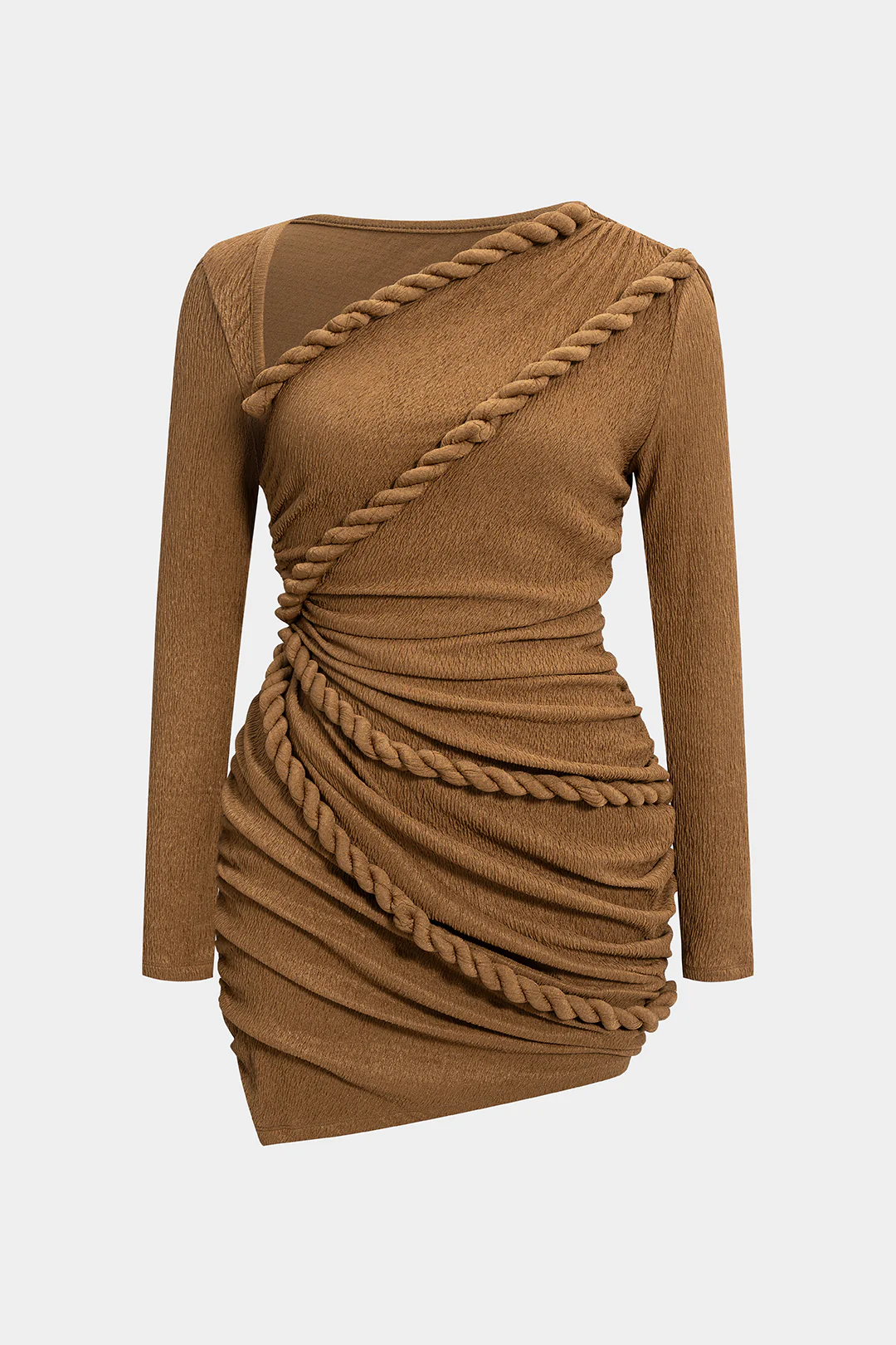 Plus Size Twisted Knot Ruched Asymmetric Long Sleeve Mini Dress
