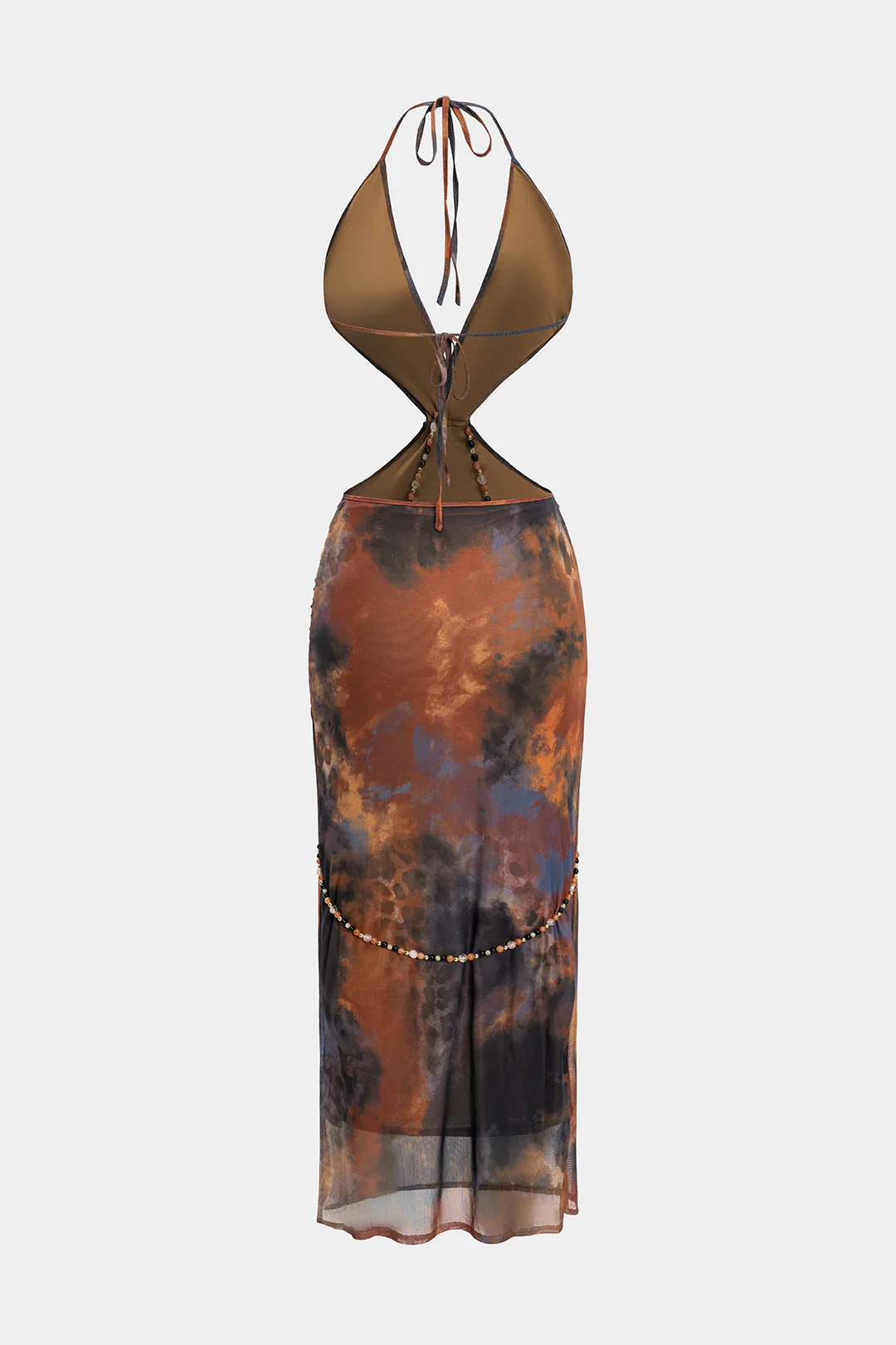 Mesh Tie Dye Print Metallic Decor Beaded V-Neck Halter Backless Cut Out Sleeveless Maxi Dress