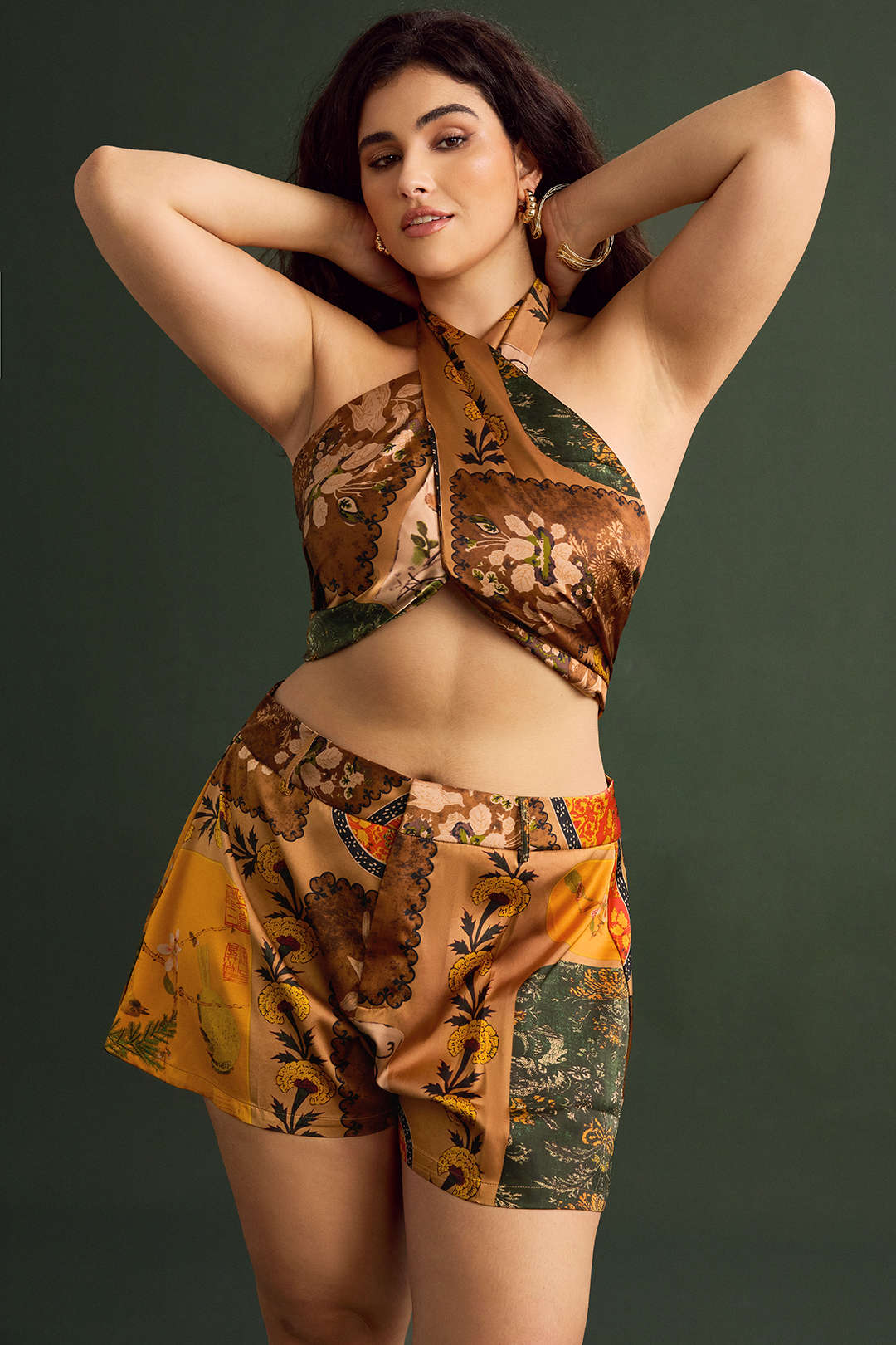 Plus Size Vintage Print Satin Tie Front Tube Top