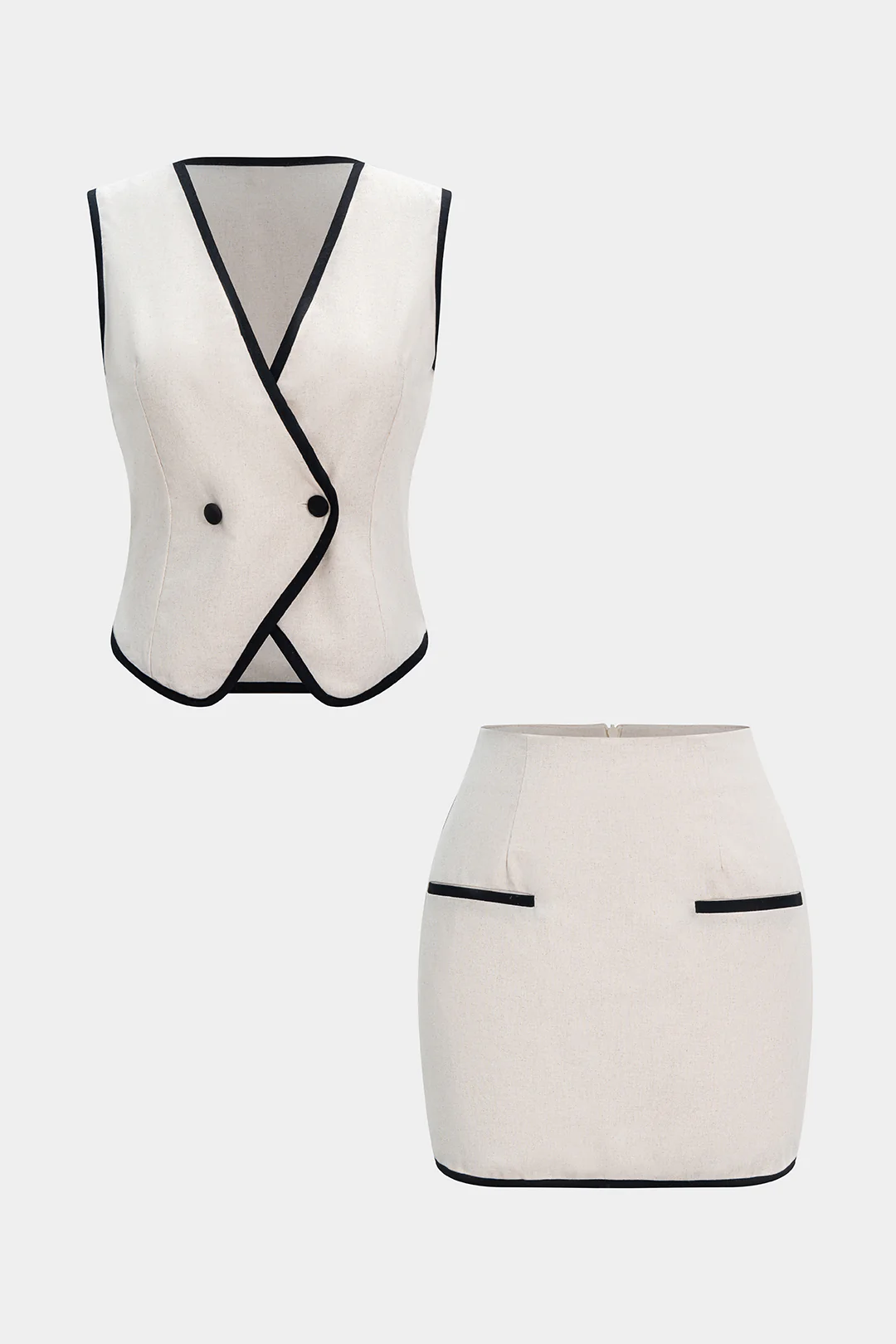 Linen Contrast Vest And Fake Pockets Skirt Set